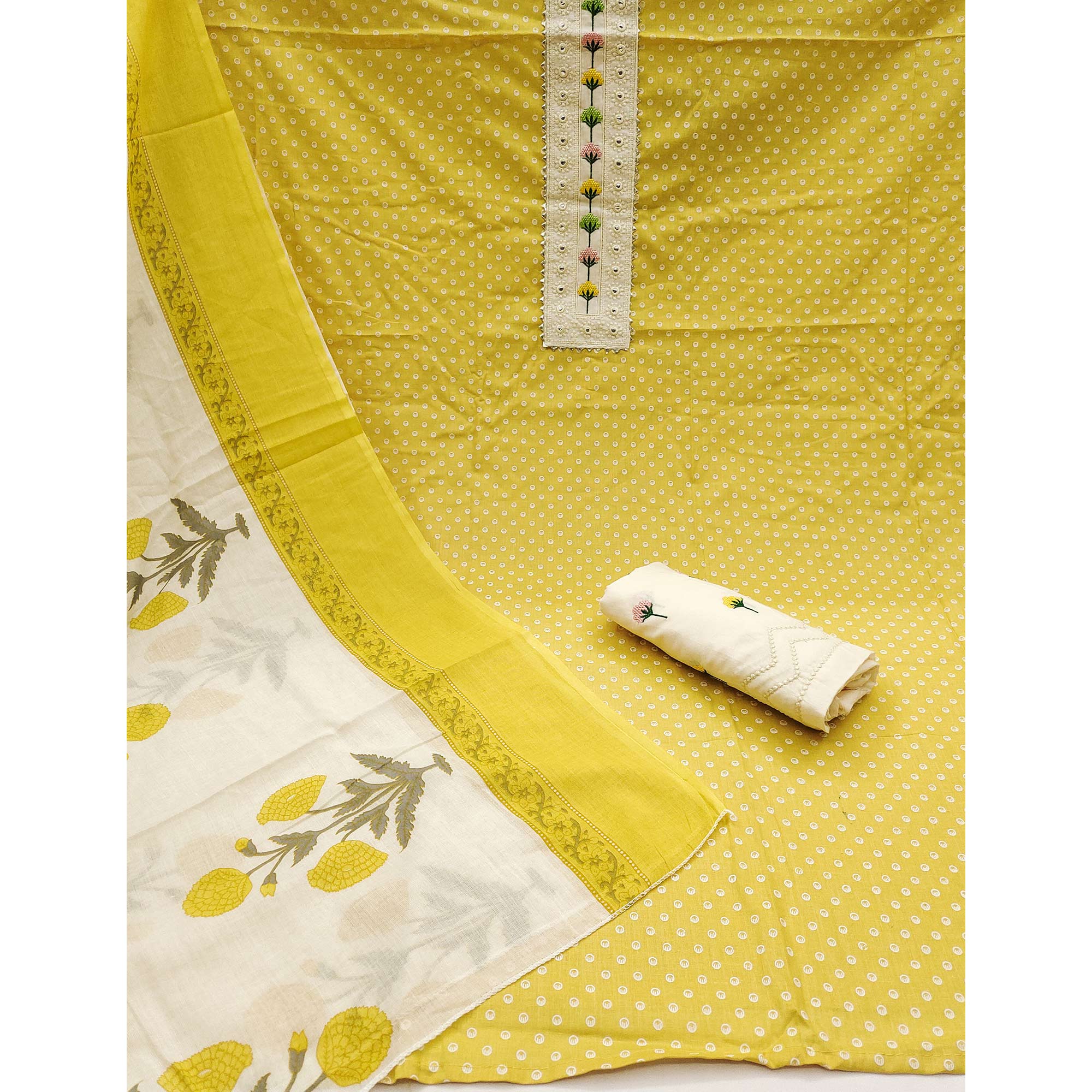 Mustard Pure Cotton Dress Material with Timeless Polka Design Print Print