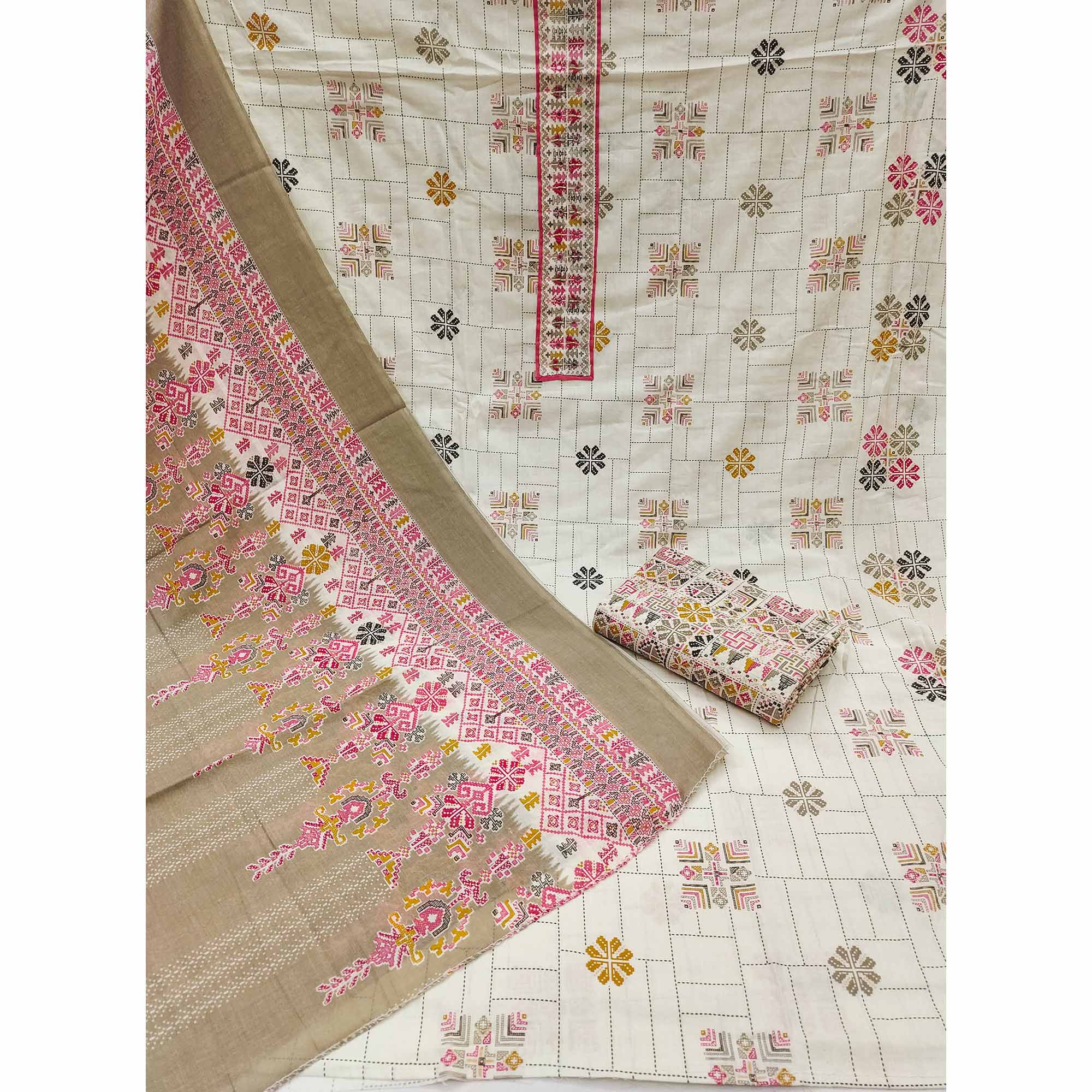 Soft Pure Cotton Dress Fabric in Off White with Modern Geometric Patterns