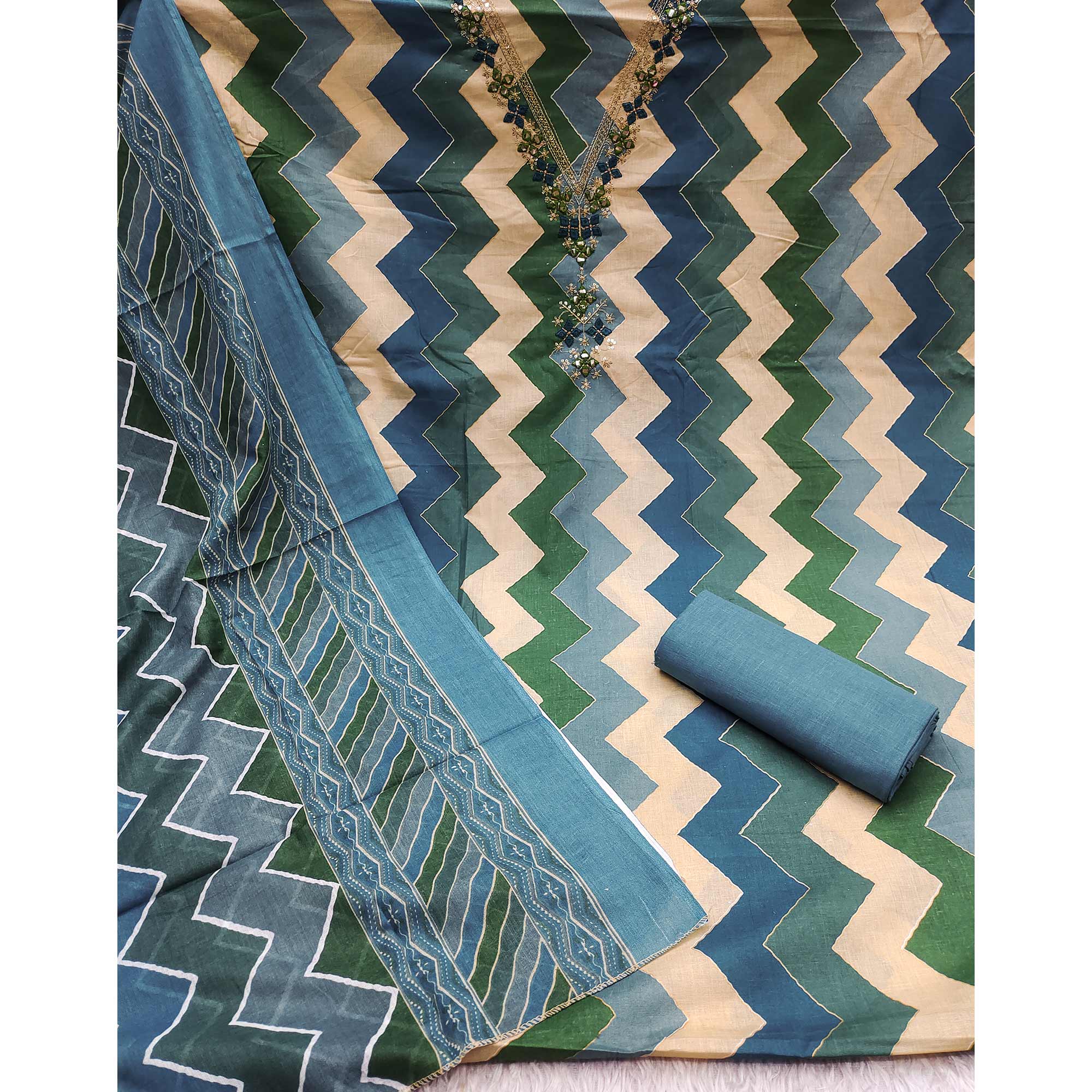 Blue Zig Zag Printed Pure Cotton Dress Material With Intricate Sequins Embroidery