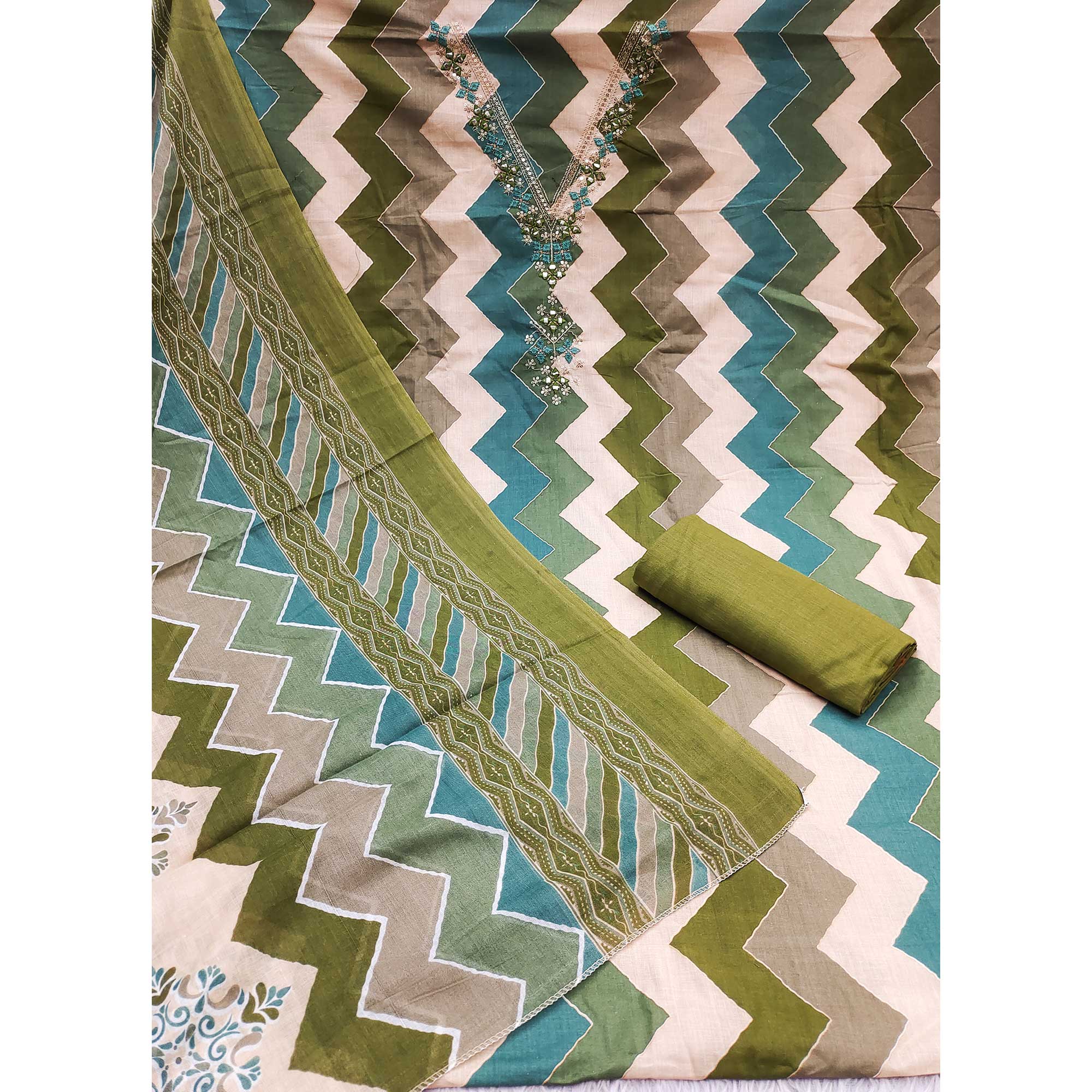 Green Zig Zag Printed Pure Cotton Dress Material With Intricate Sequins Embroidery