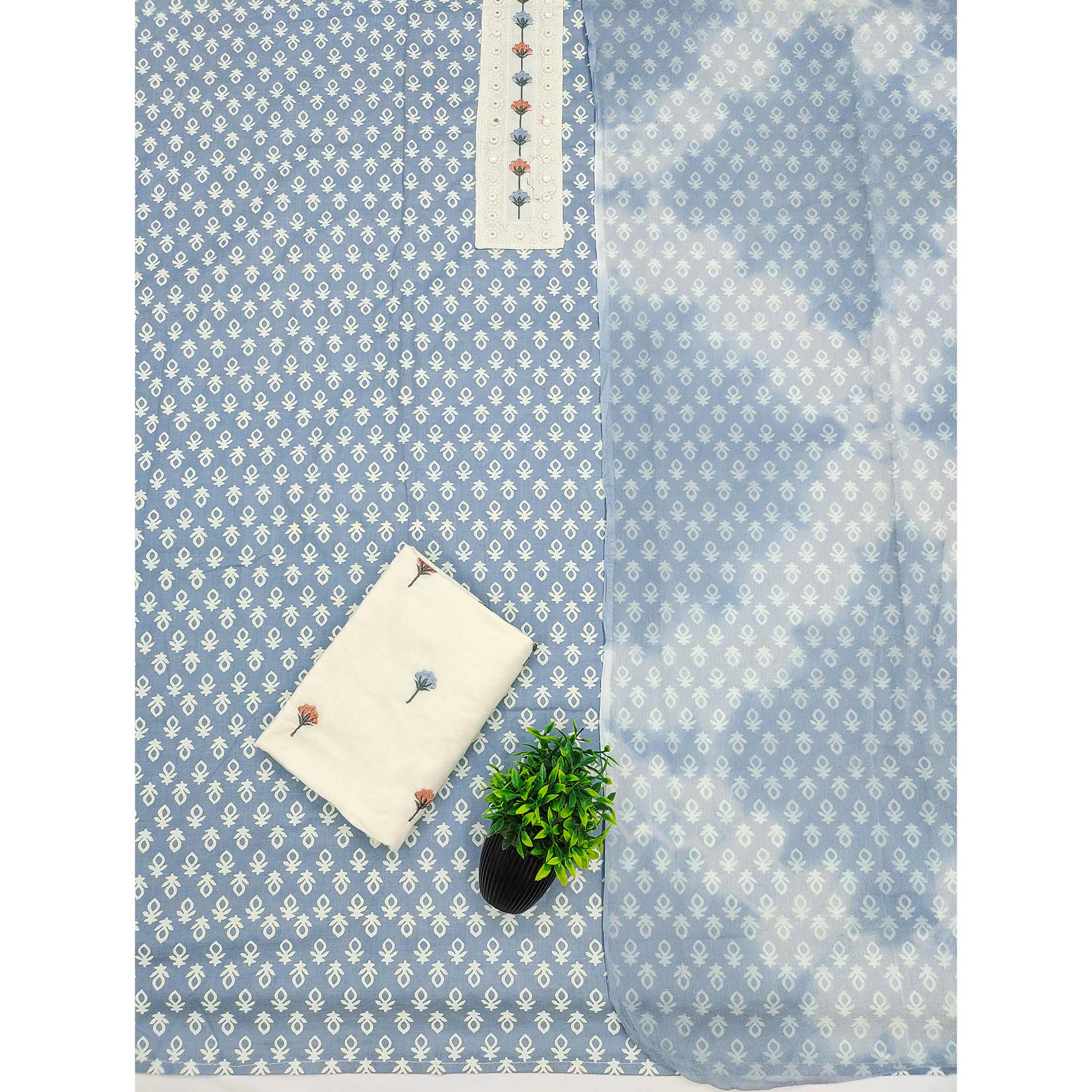 Floral Printed Pure Cotton Dress Material in Radiant Blue Tone