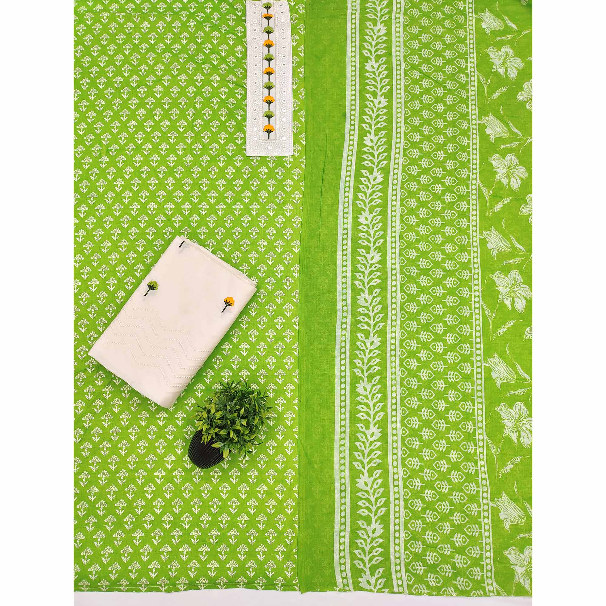 Floral Printed Pure Cotton Dress Material in Radiant Parrot Green Tone