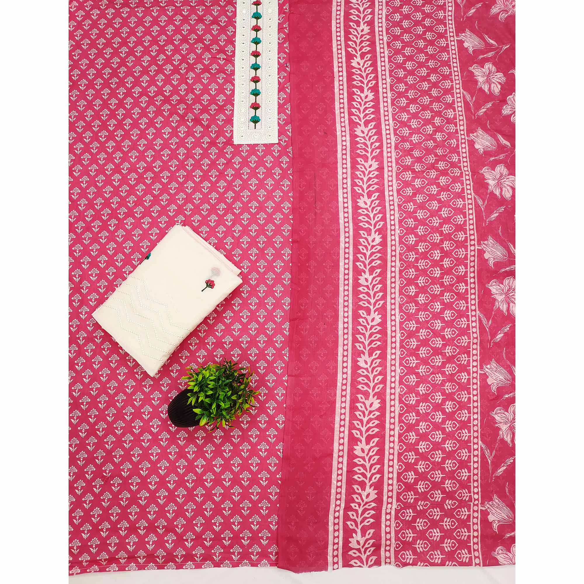 Floral Printed Pure Cotton Dress Material in Radiant Pink Tone