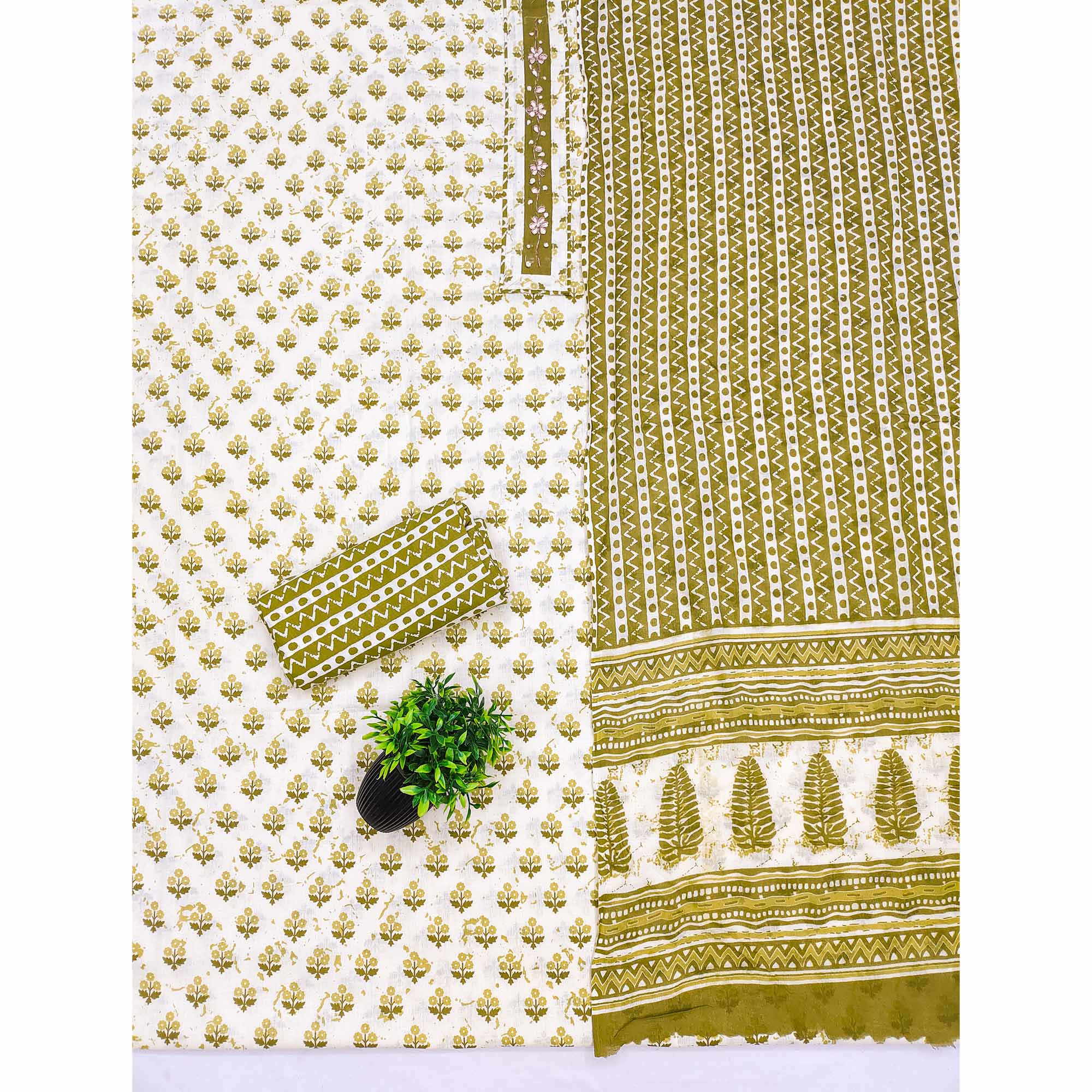 Green Cotton Suit Material Enhanced with Soft Floral Prints