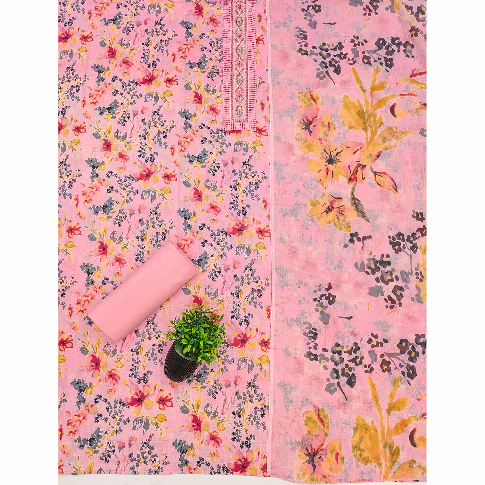 Soft Pure Cotton Dress Material in Fresh Pink with Floral Pattern