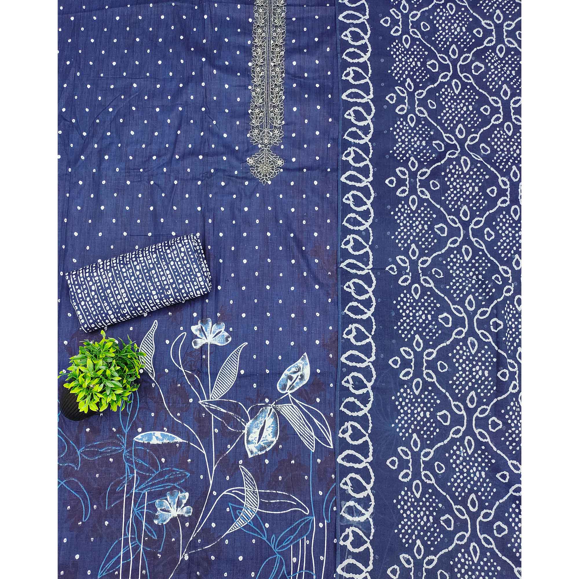 Blue Pure Cotton Dress Material Showcasing Floral & Bandhani Prints With Elegant Neck Embroidery