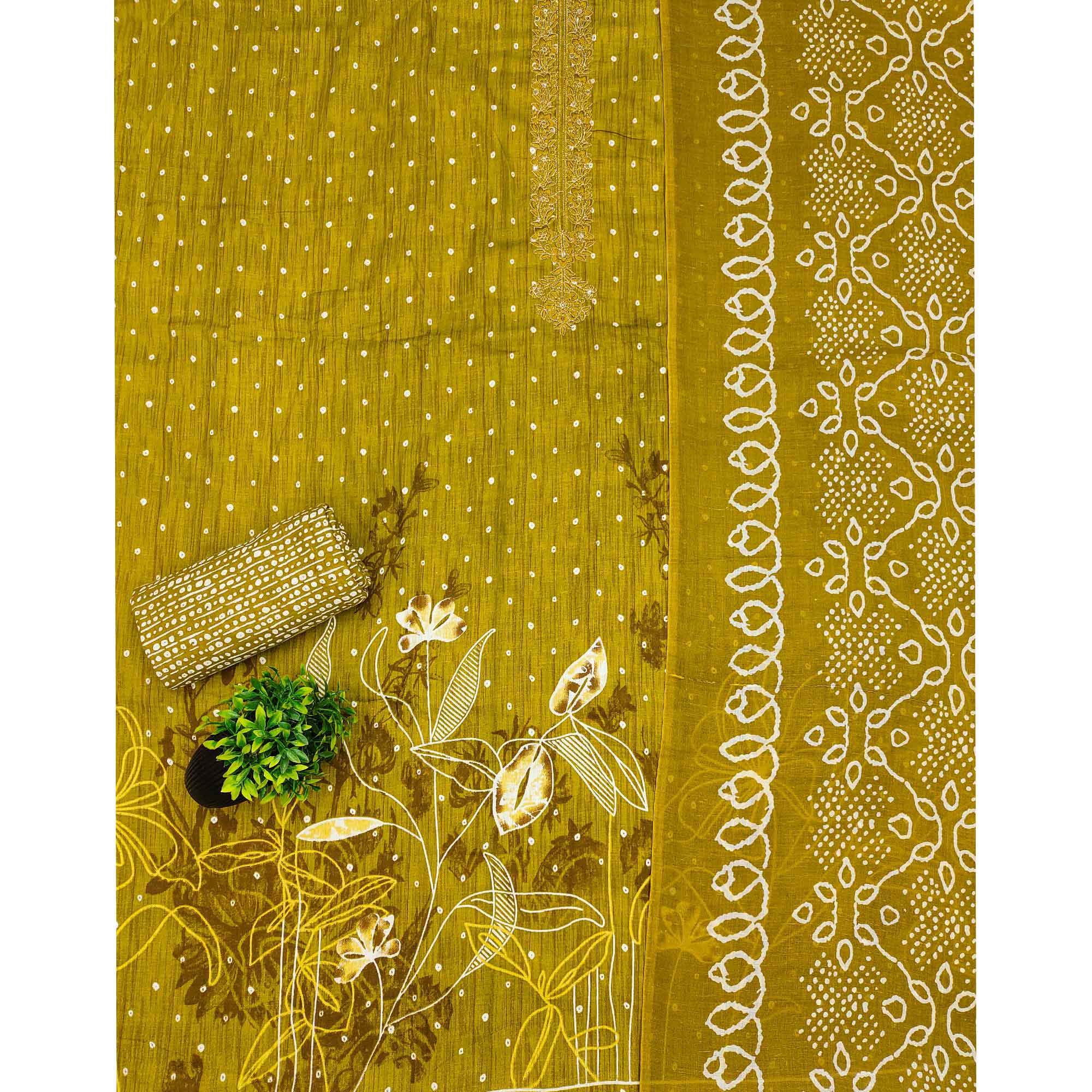 Dark Mustard Pure Cotton Dress Material Showcasing Floral & Bandhani Prints With Neck Embroidery