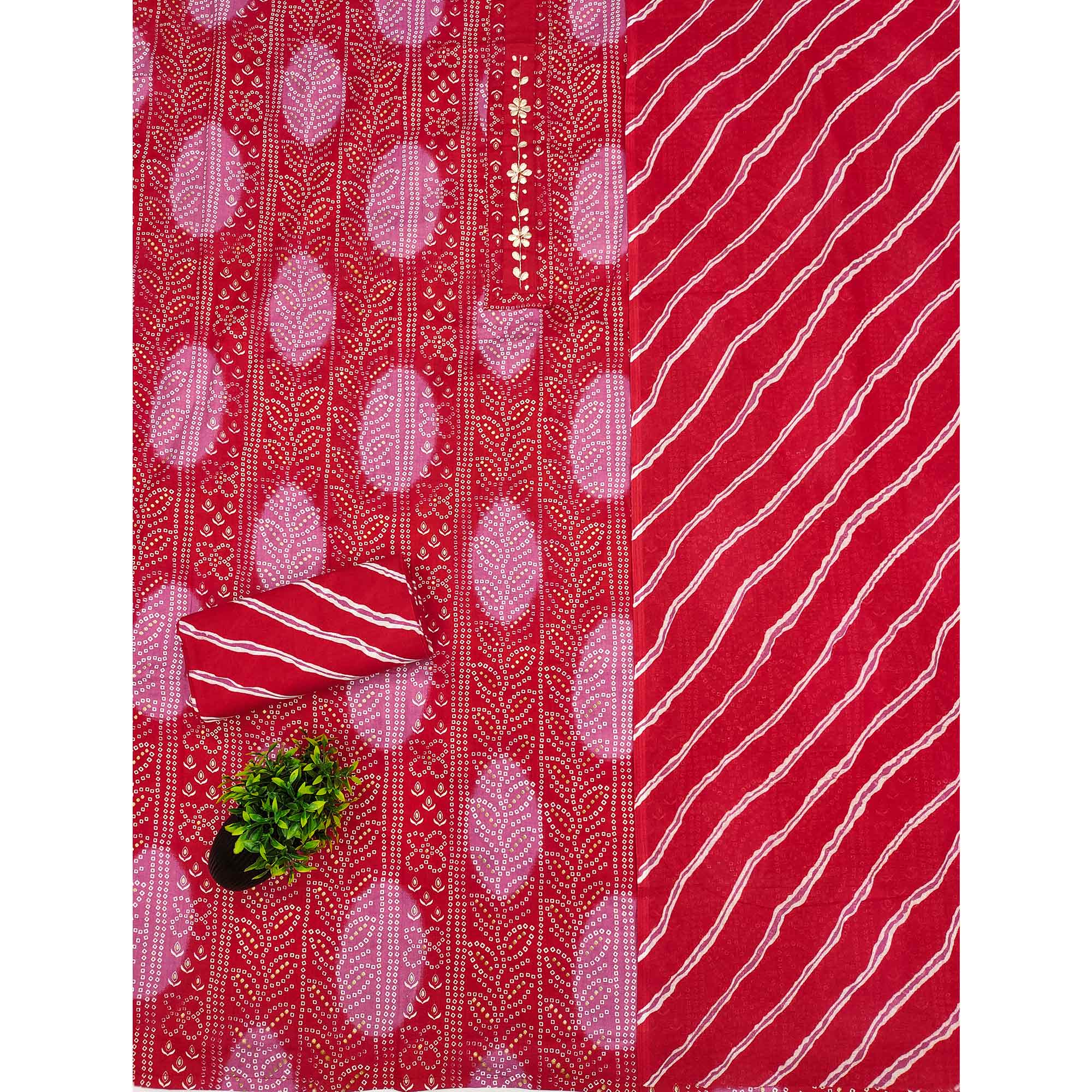 Pink Pure Cotton Dress Material Adorned with Bandhani Print & Artistic Floral Handwork Detailing