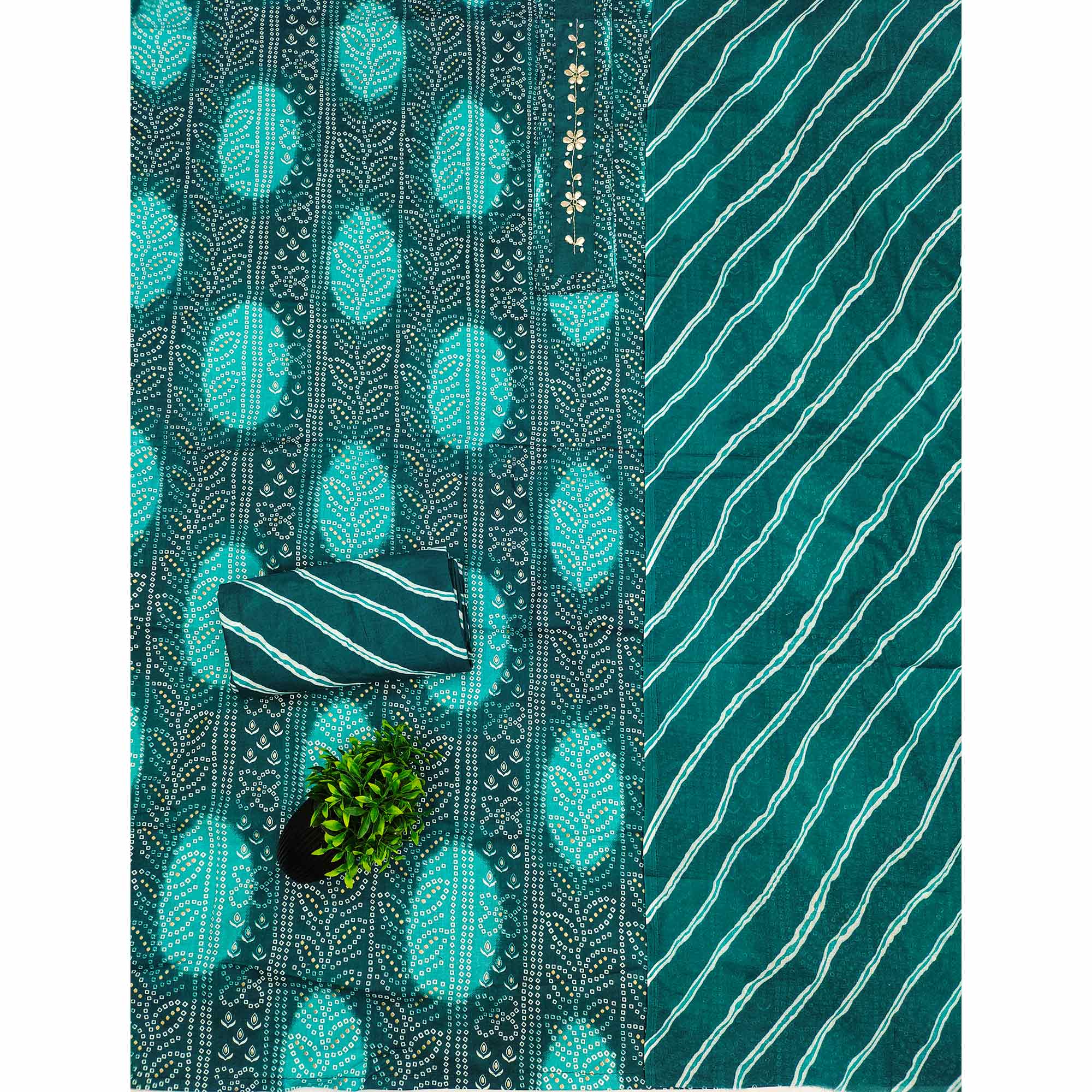 Teal Pure Cotton Dress Material Adorned with Bandhani Print & Artistic Floral Handwork Detailing