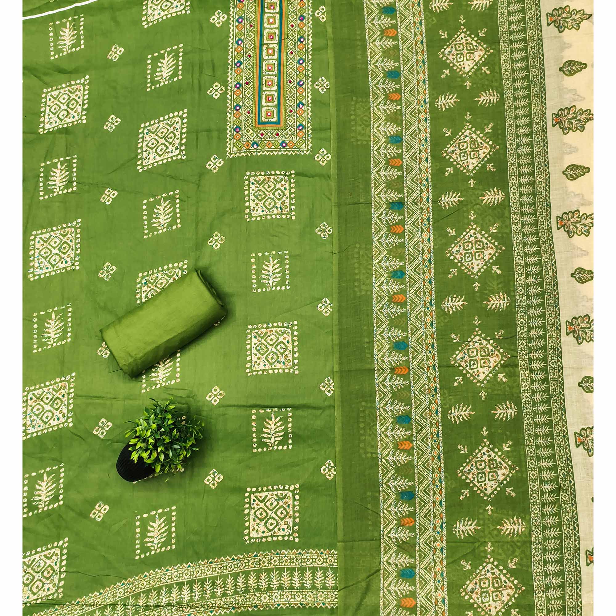 Graceful Green Floral Printed Pure Cotton Dress Material With Elegant Neck Embroidery Work