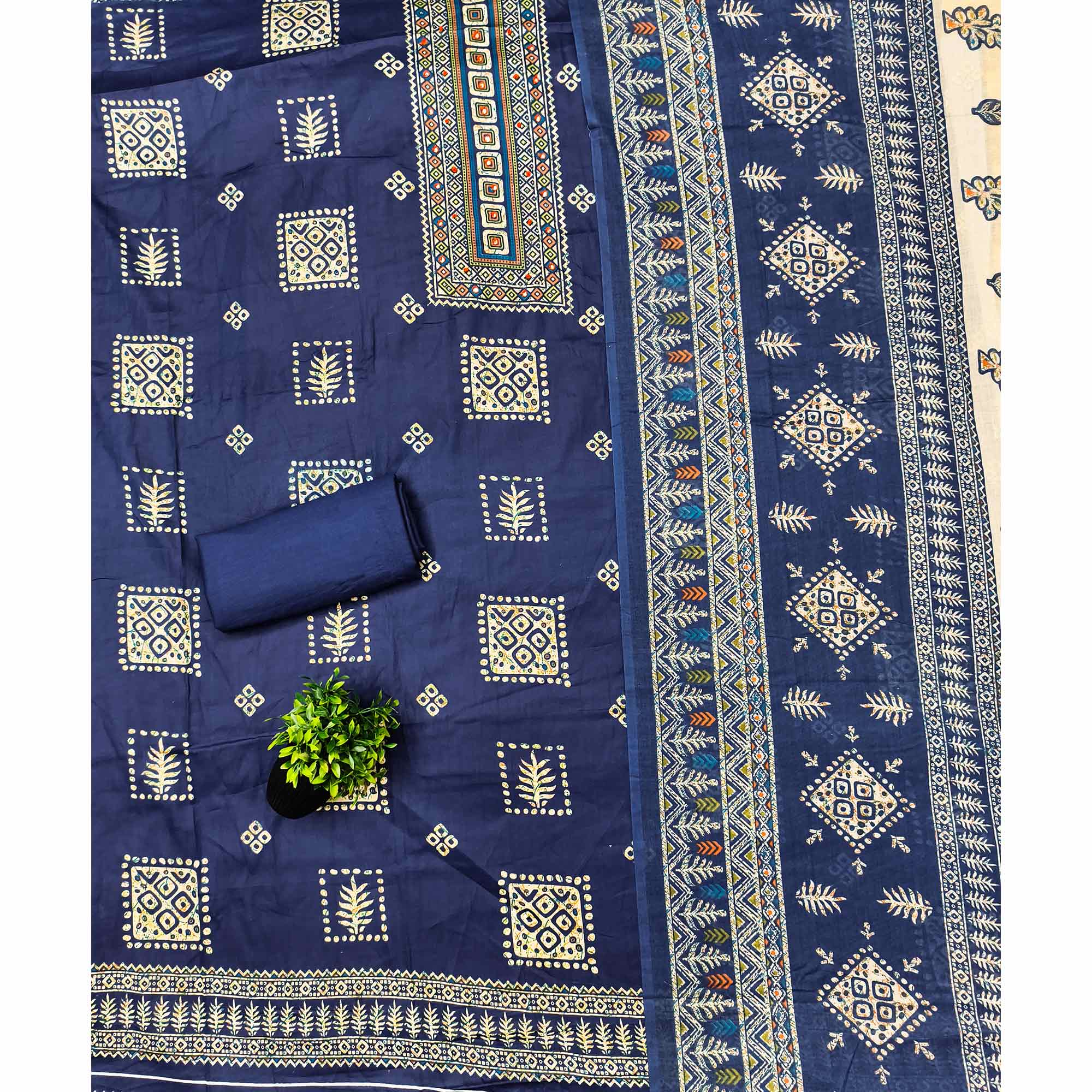 Graceful Navy Blue Floral Printed Pure Cotton Dress Material With Elegant Neck Embroidery Work