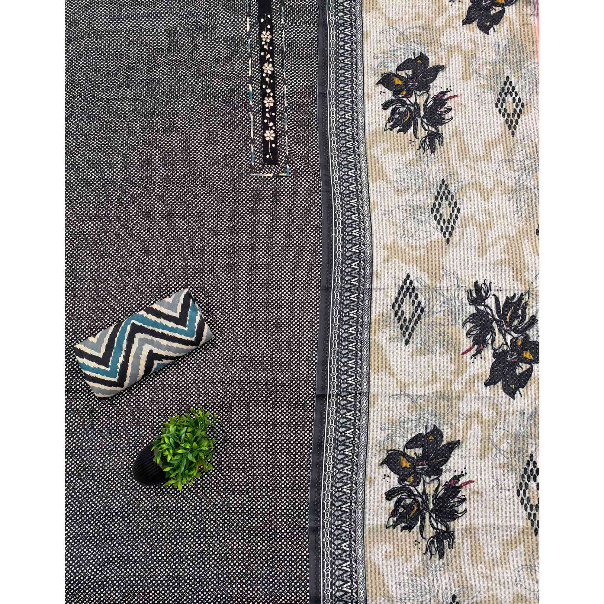 Elegant Black Bandhani Printed Pure Cotton Dress Material Enhanced With Delicate Floral Handwork