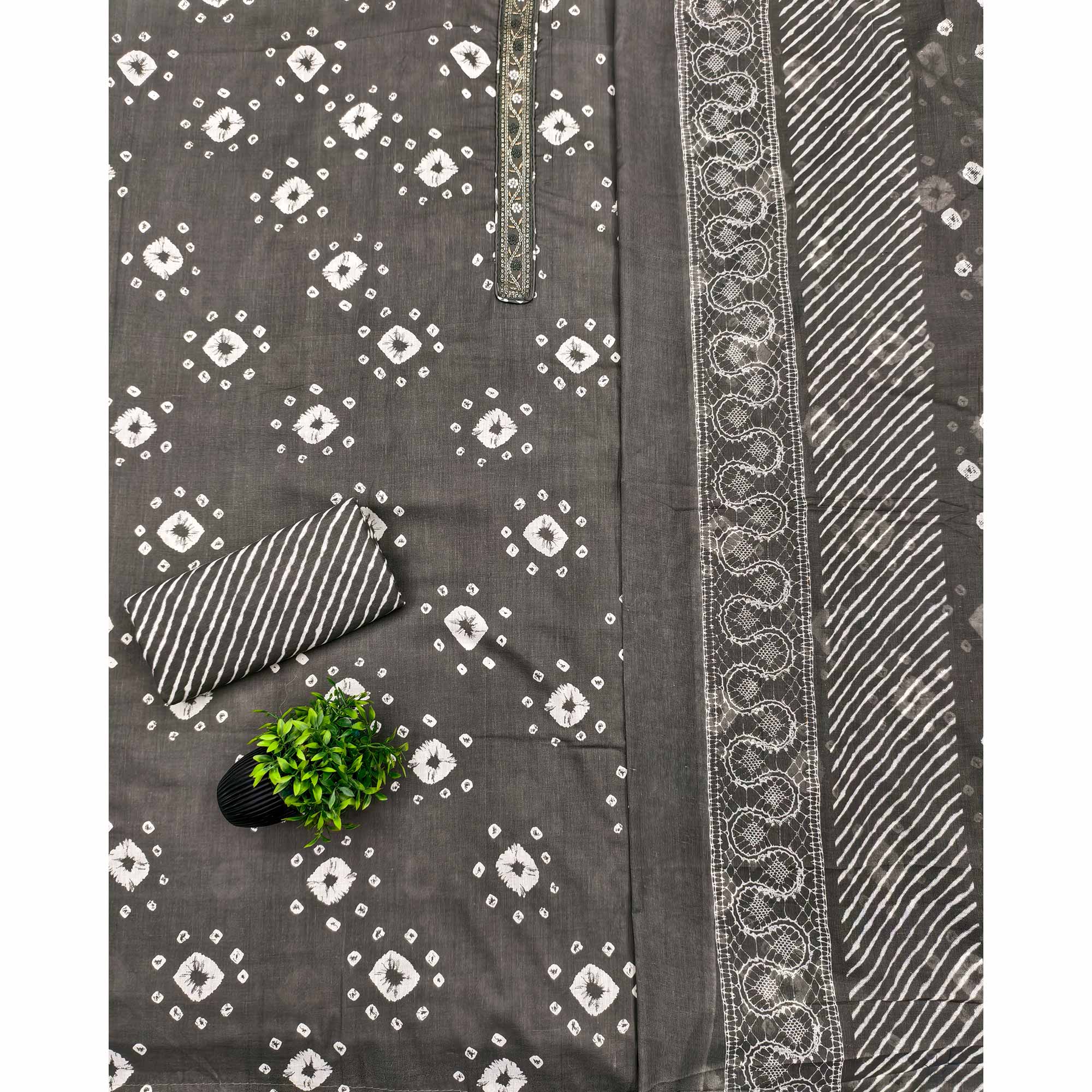 Classic Grey Bandhani Print Pure Cotton Dress Material Accented With Floral Sequins Embroidery