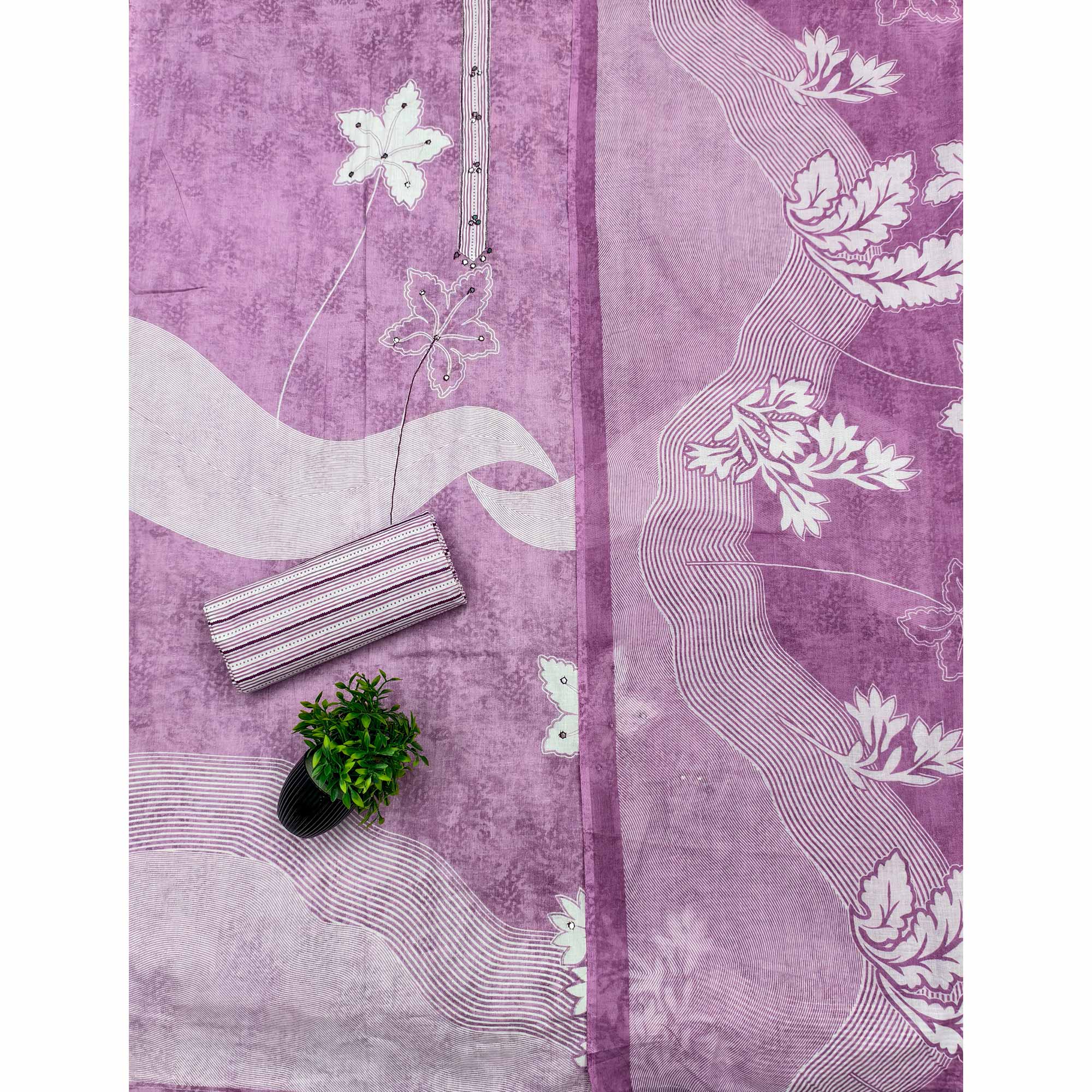 Charming Lavender Floral & Leaf Printed Pure Cotton Dress Material Featuring Subtle Embroidery Work