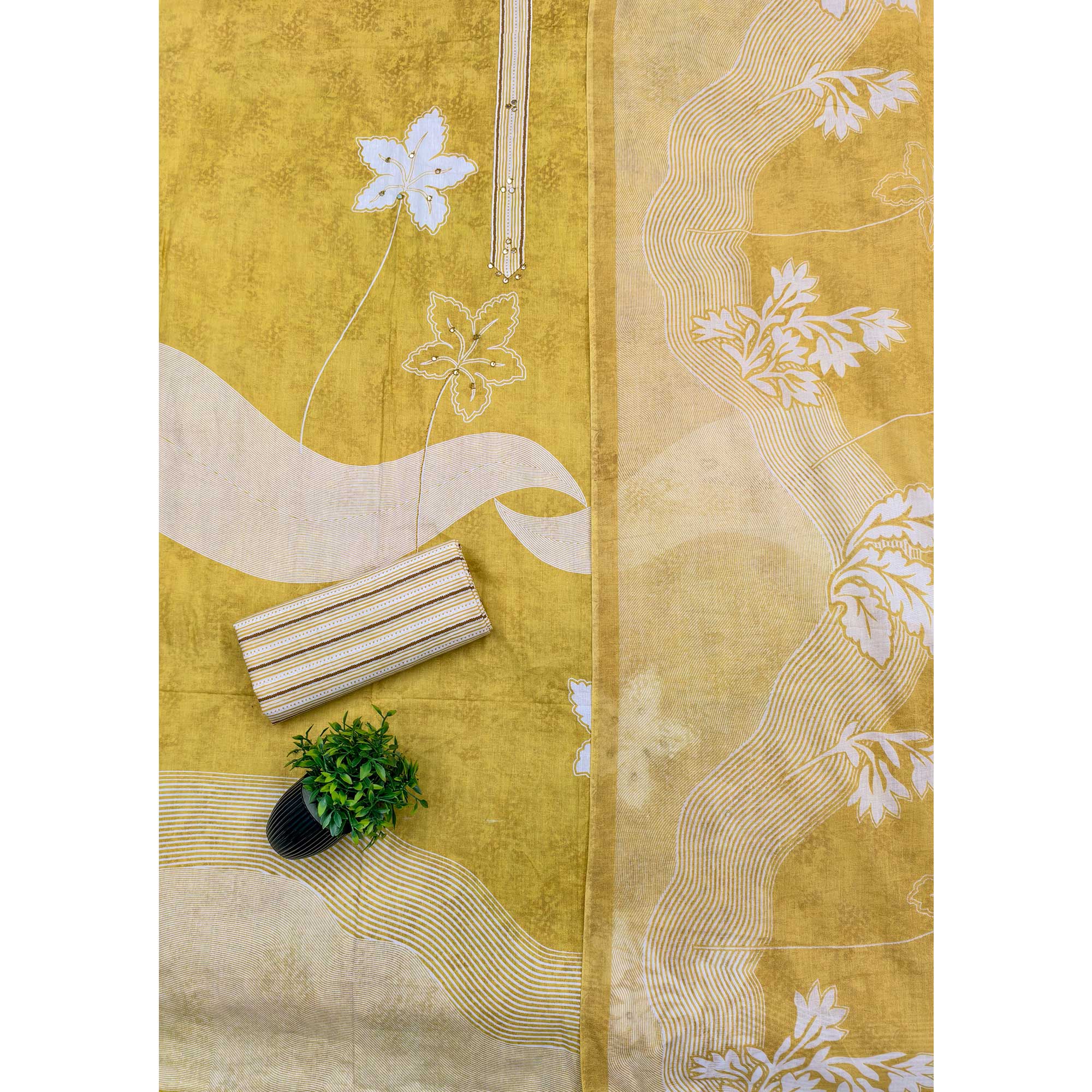 Charming Mustard Floral & Leaf Printed Pure Cotton Dress Material Featuring Subtle Embroidery Work