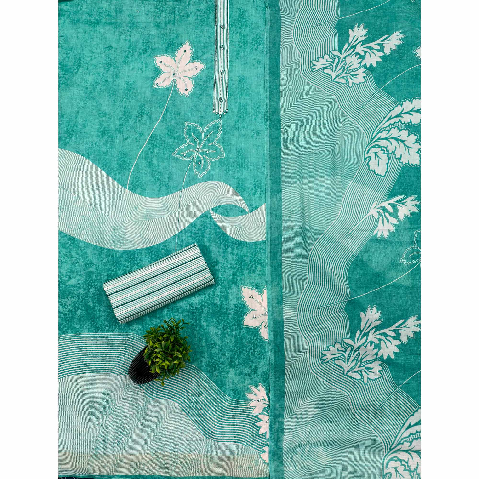 Charming Turquoise Floral & Leaf Printed Pure Cotton Dress Material Featuring Subtle Embroidery Work