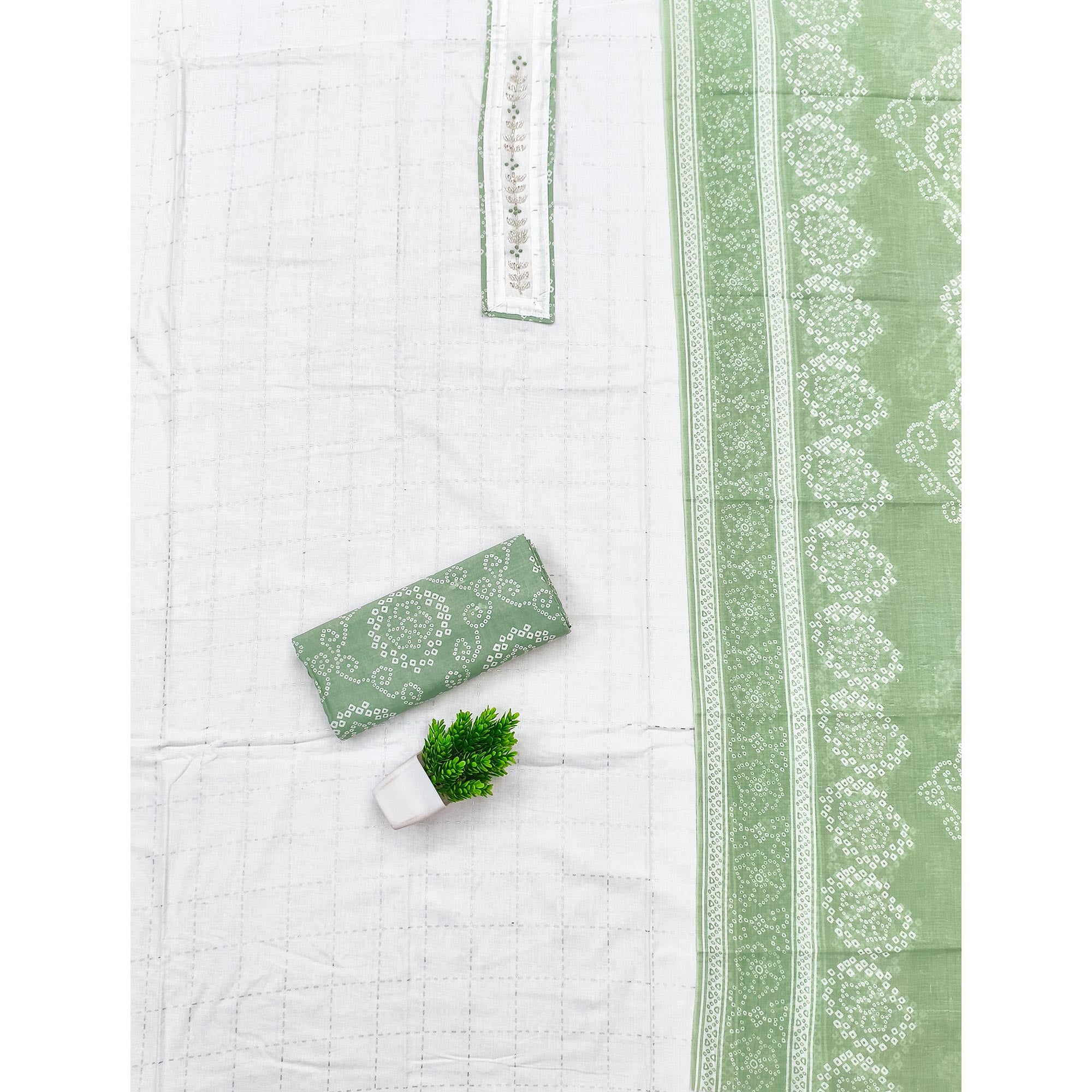 Elegant White & Green Checks Printed Pure Cotton Dress Material With Delicate Handwork Accents