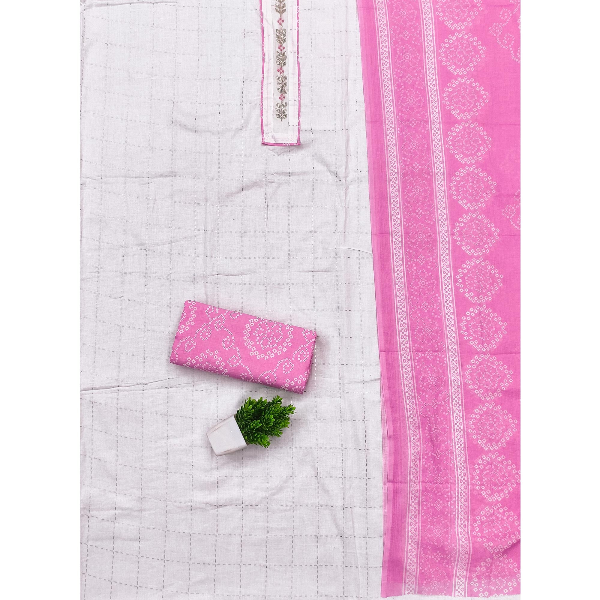 Elegant White & Pink Checks Printed Pure Cotton Dress Material With Delicate Handwork Accents