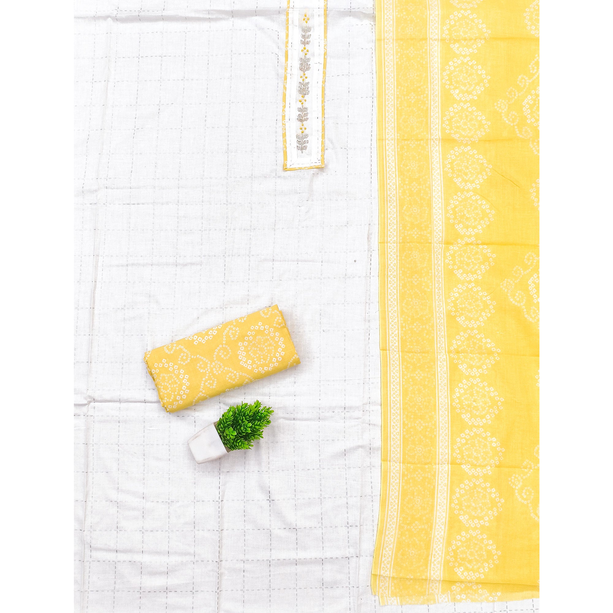 Elegant White & Yellow Checks Printed Pure Cotton Dress Material With Delicate Handwork Accents