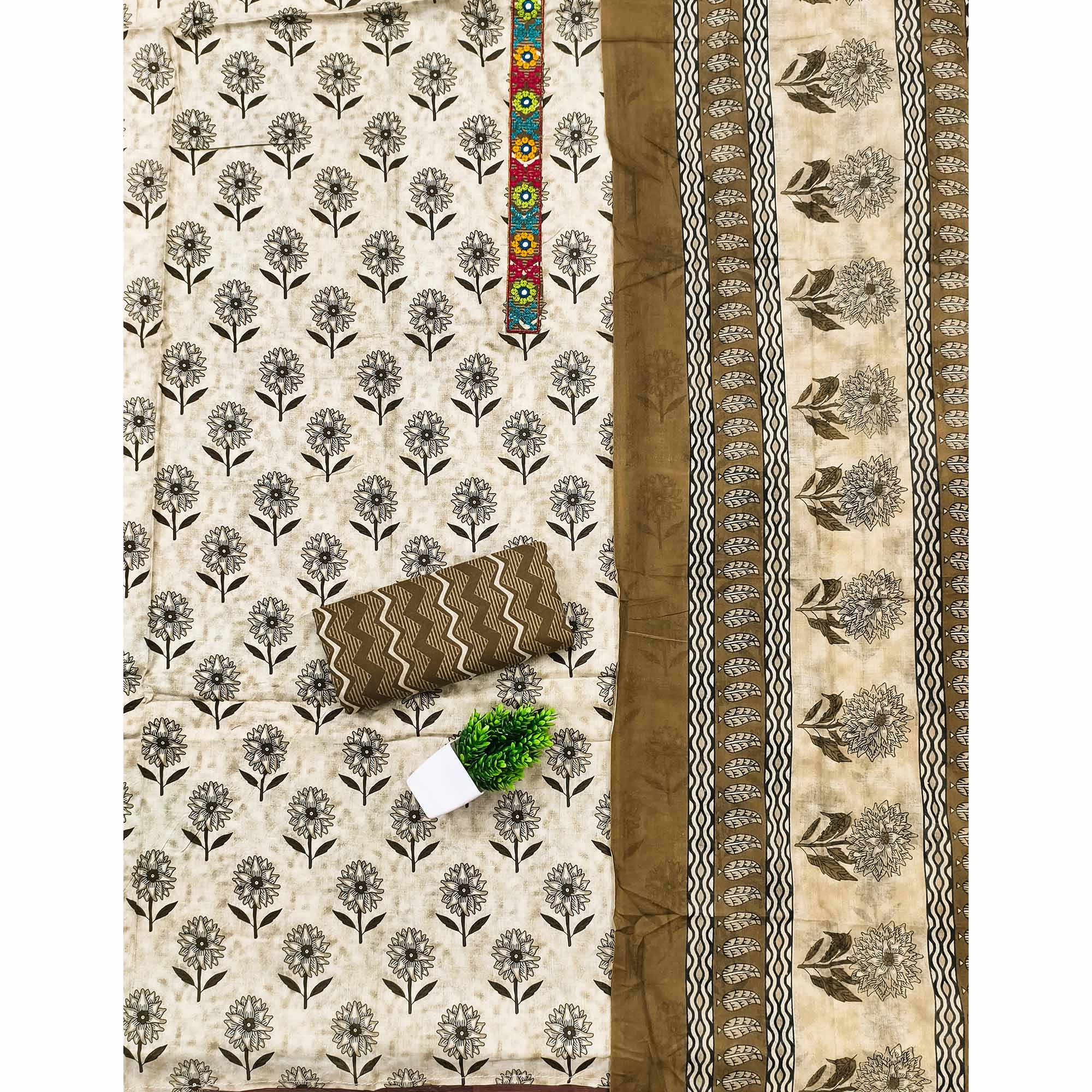 Premium Beige Floral Printed Pure Cotton Dress Material Accented With Thread Embroidery On Neckline