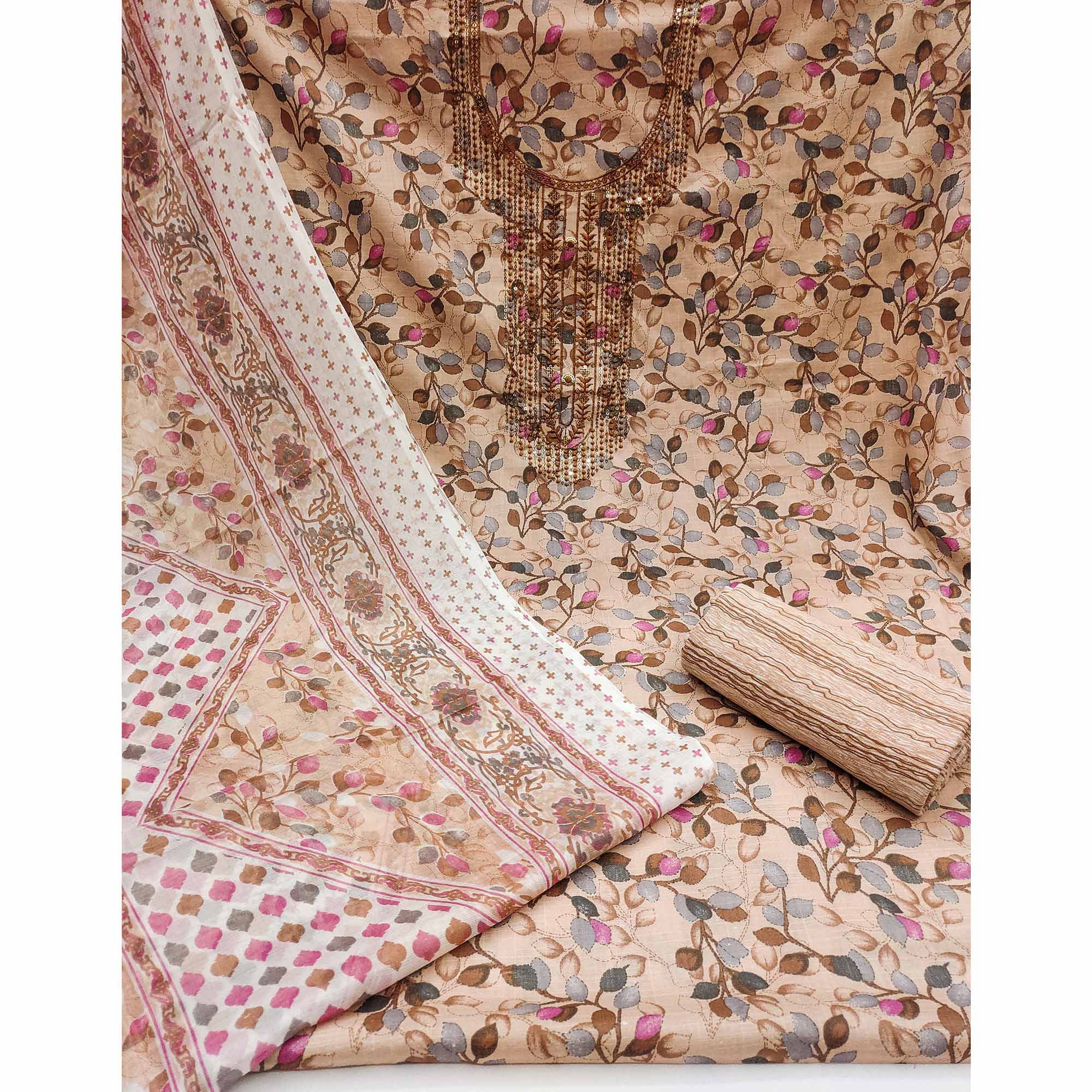 Beige Floral Printed With Sequins Embroidered Pure Cotton Dress Material