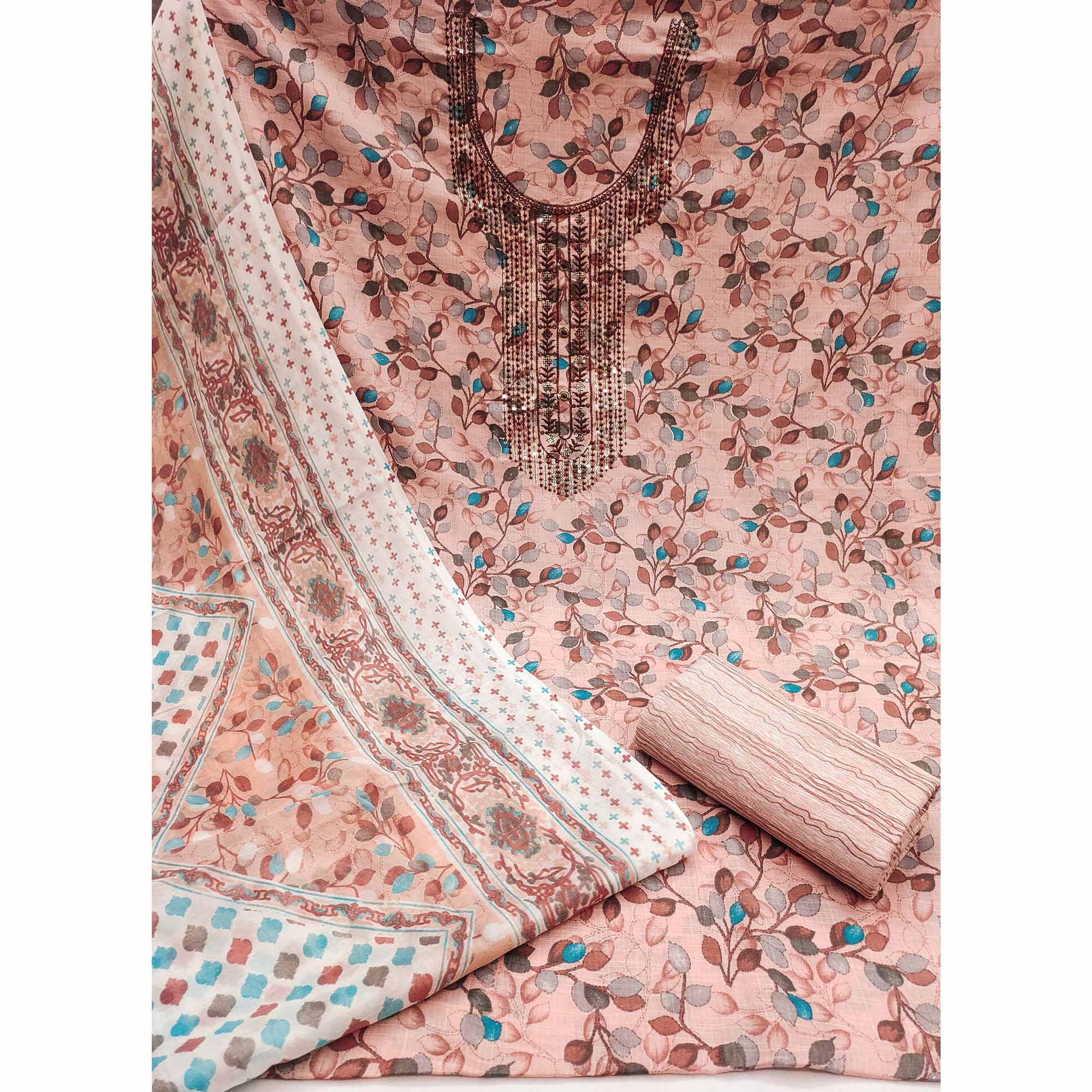 Peach Floral Printed With Sequins Embroidered Pure Cotton Dress Material