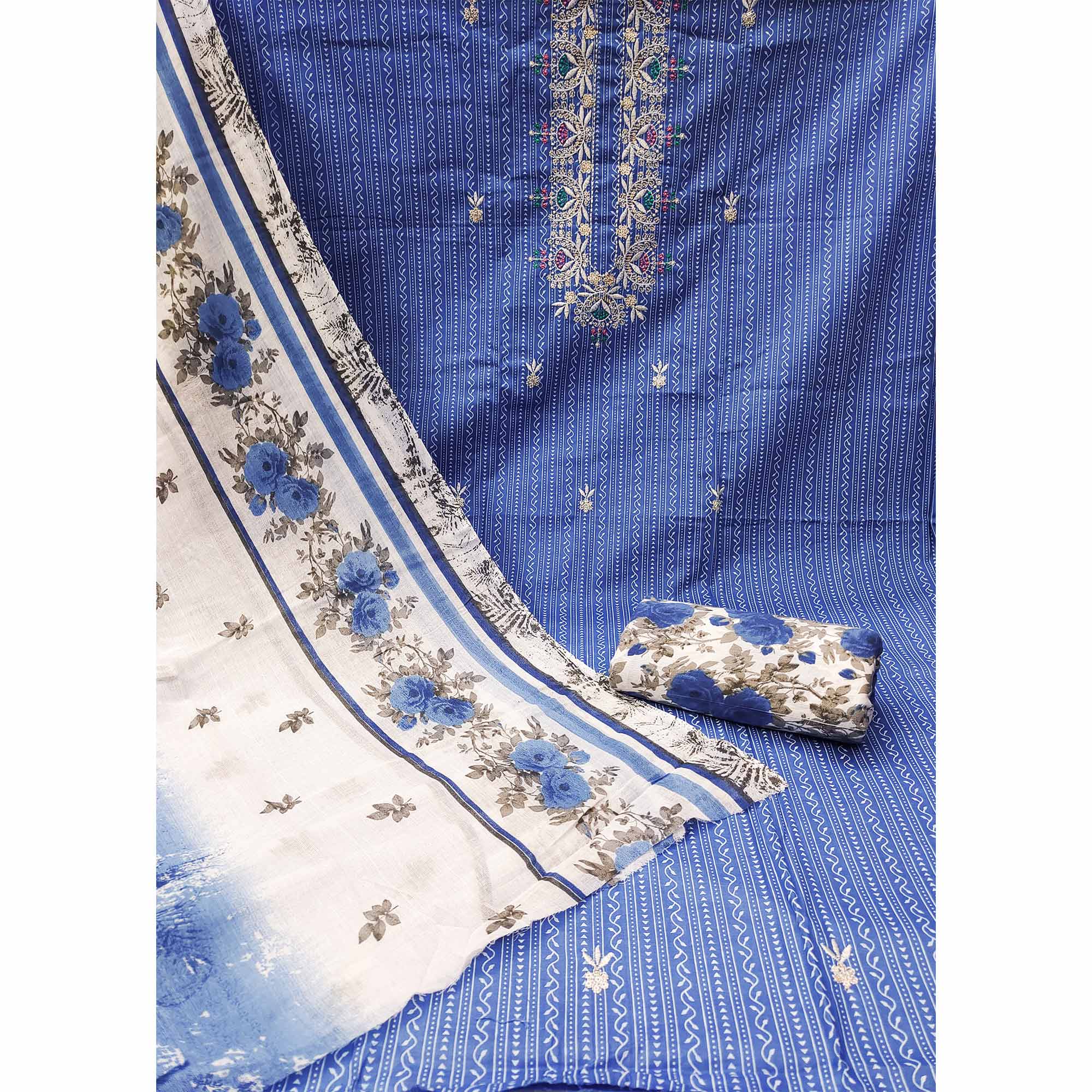Blue Embroidered With Printed Pure Cotton Dress Material