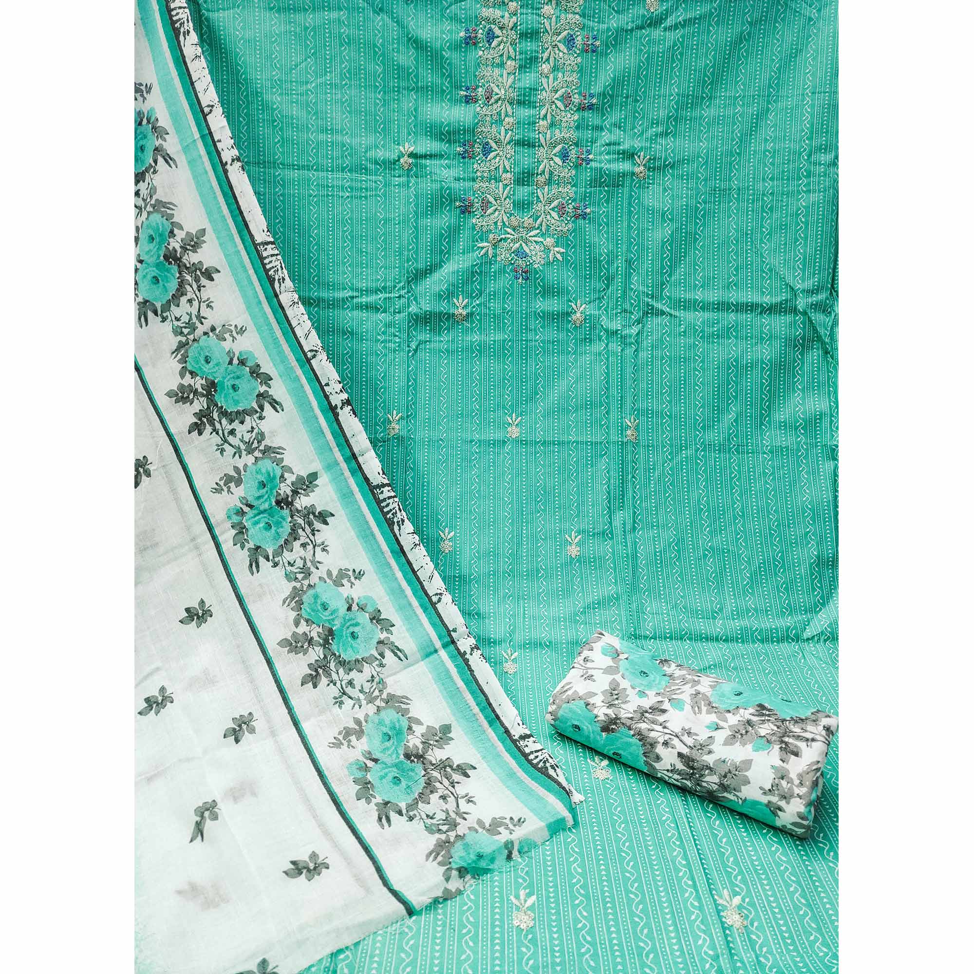 Turquoise Embroidered With Printed Pure Cotton Dress Material