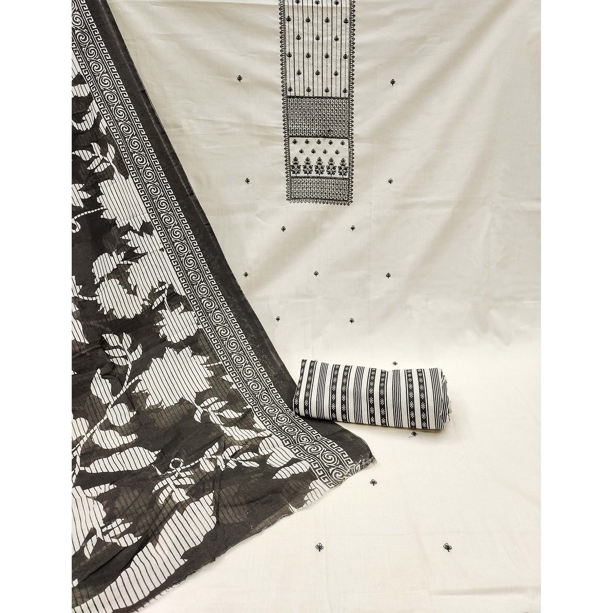 Off white Floral Embroidered Pure Cotton Dress Material