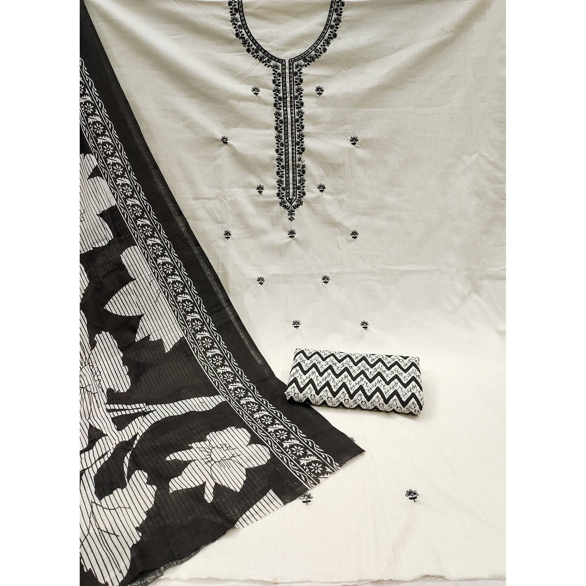 Off white Floral Embroidered Pure Cotton Dress Material