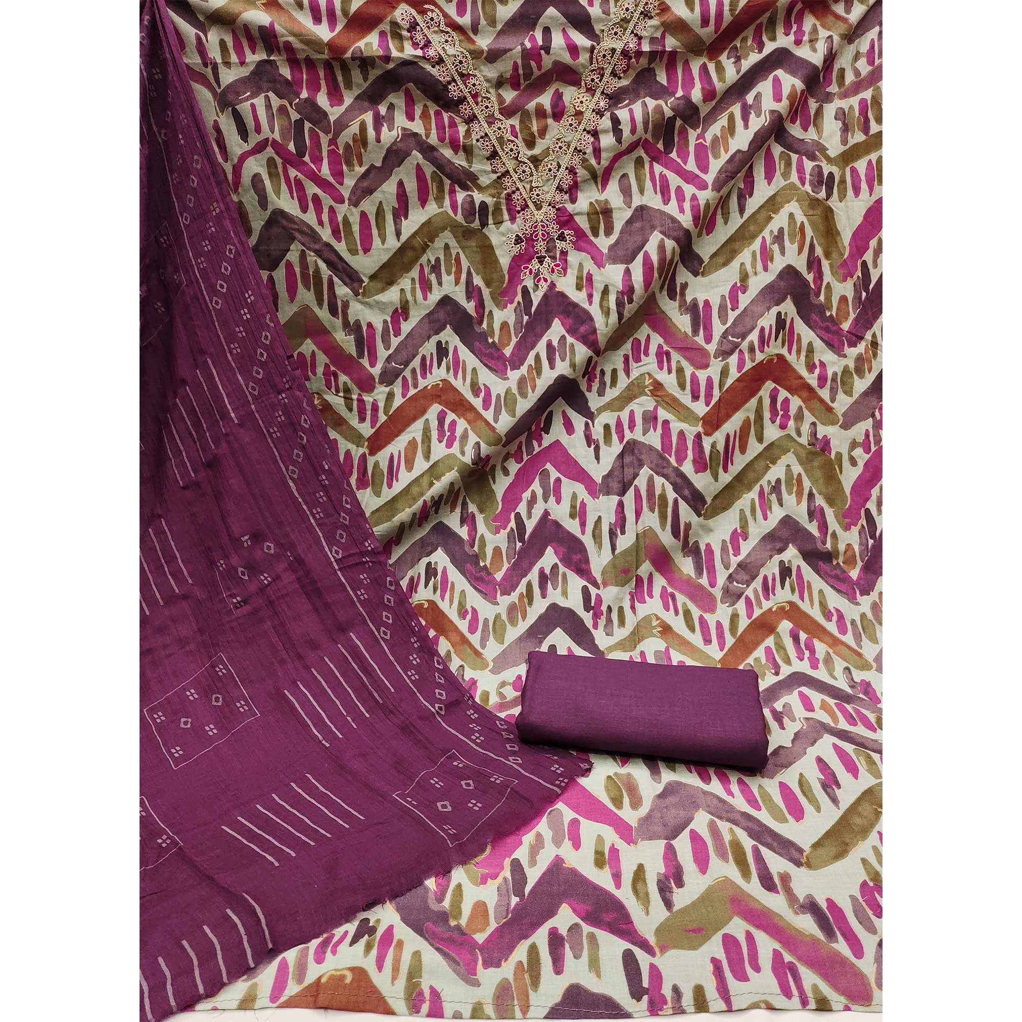 Purple Printed With Embroidered Pure Cotton Dress Material