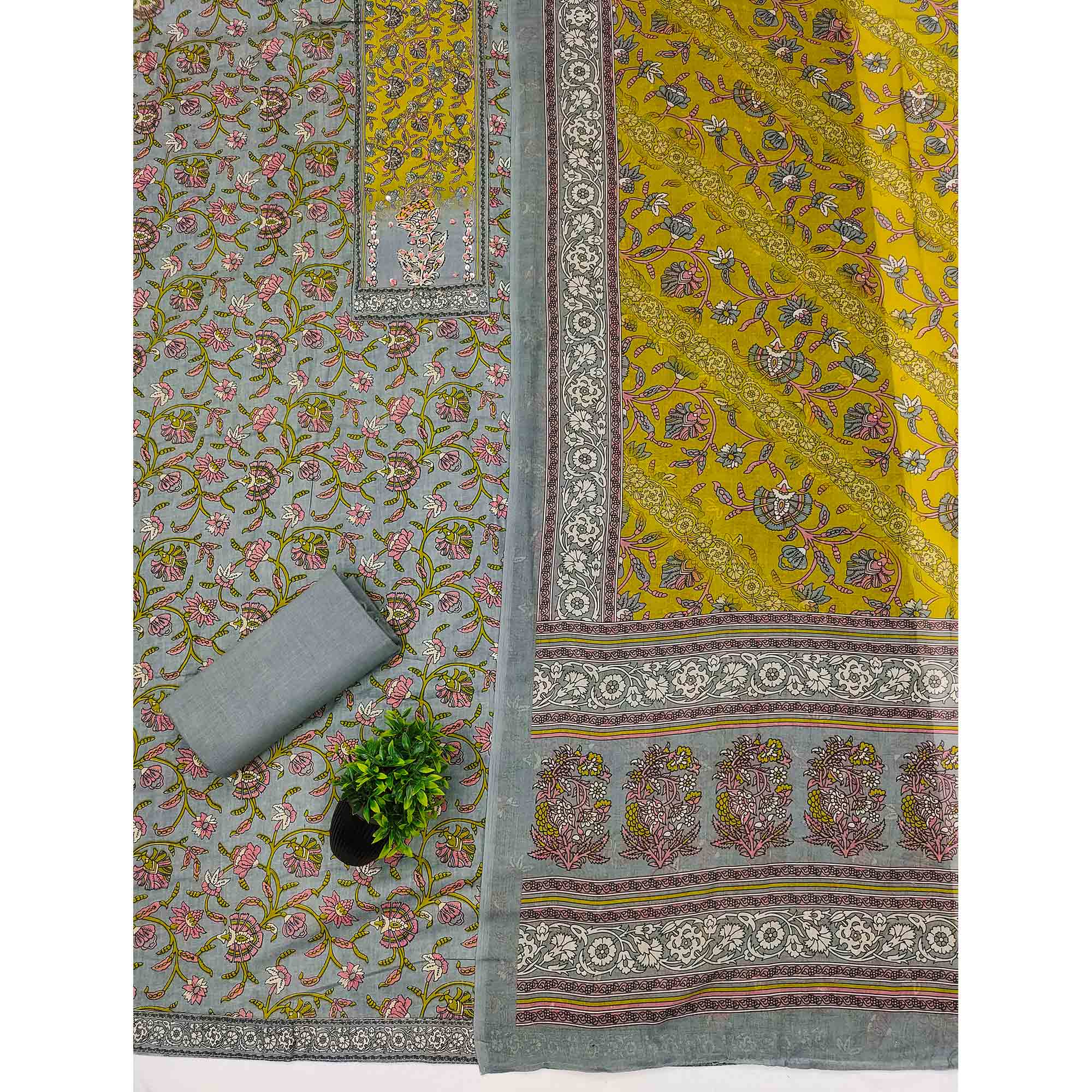 Grey Floral Printed Pure Cotton Dress Material With Elegant Sequins Embroidery