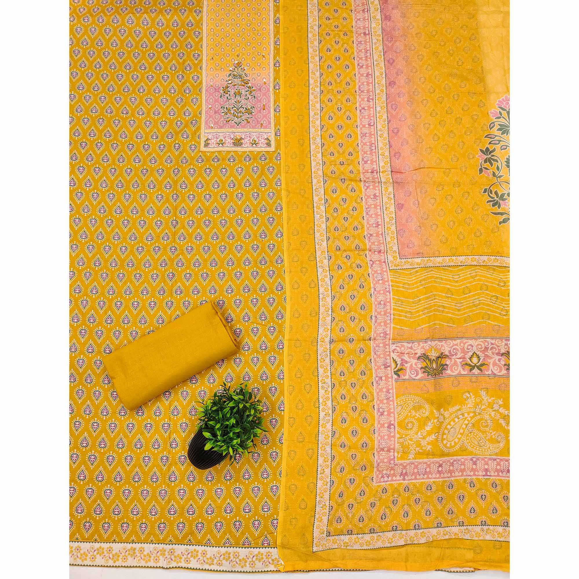 Mustard Pure Cotton Dress Material Accented With Sparkling Sequin Embroidery Work
