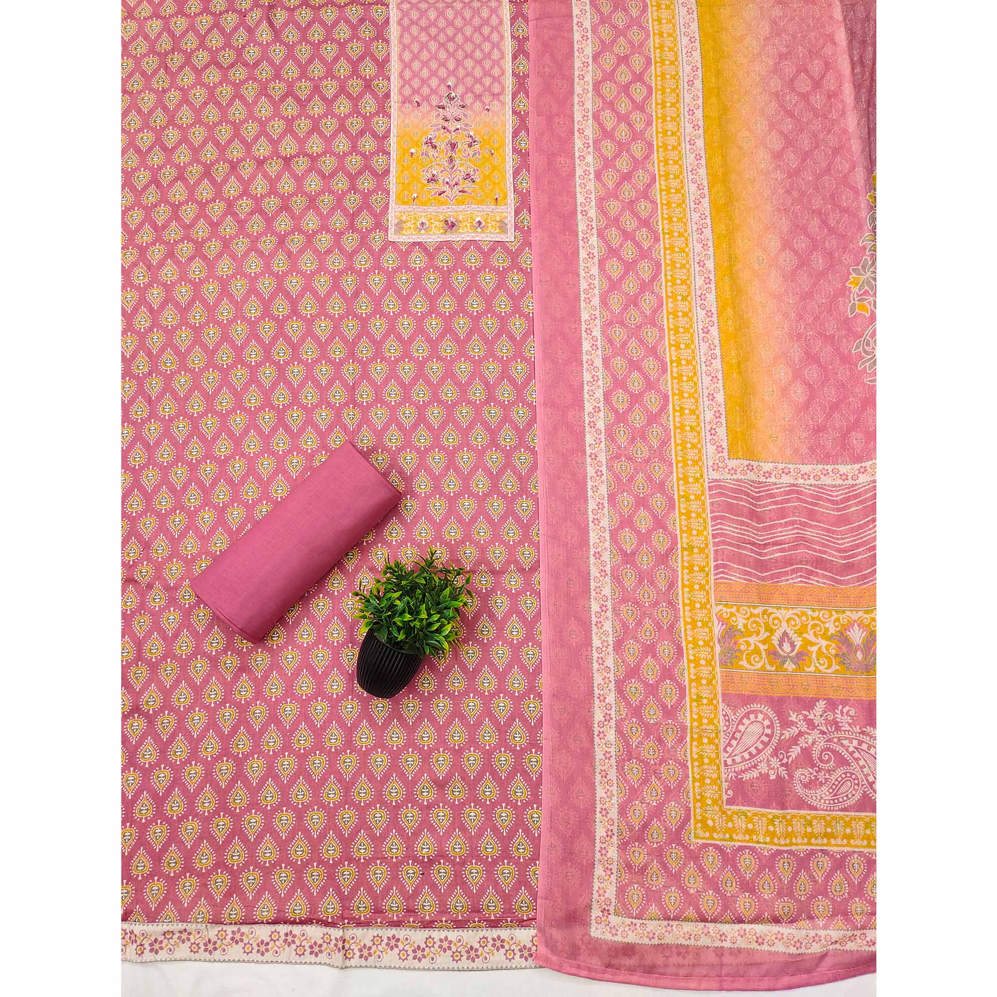 Pink Pure Cotton Dress Material Accented With Sparkling Sequin Embroidery Work