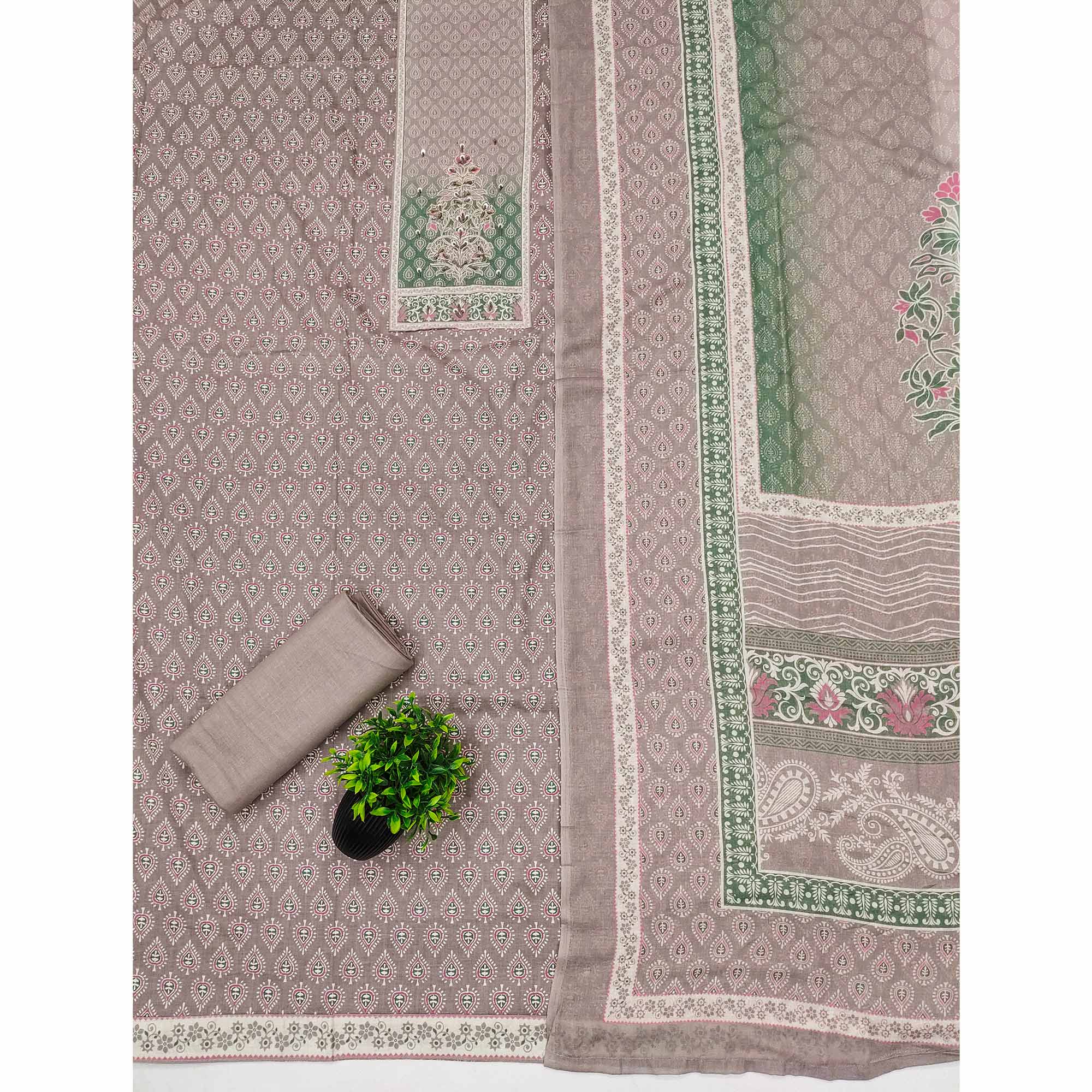 Taupe Pure Cotton Dress Material Accented With Sparkling Sequin Embroidery Work