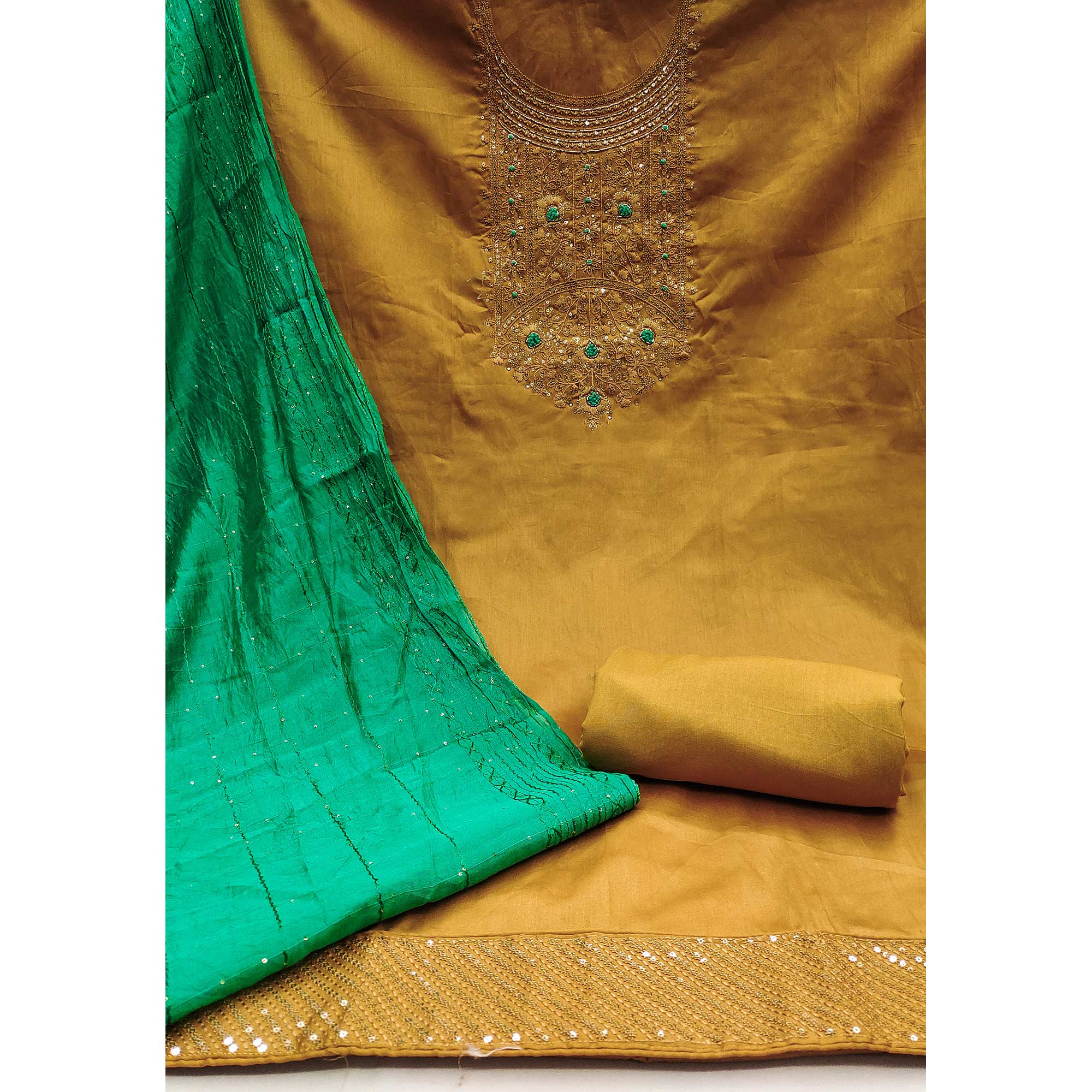 Mustard Sequins Embroidered Cotton Silk Dress Material