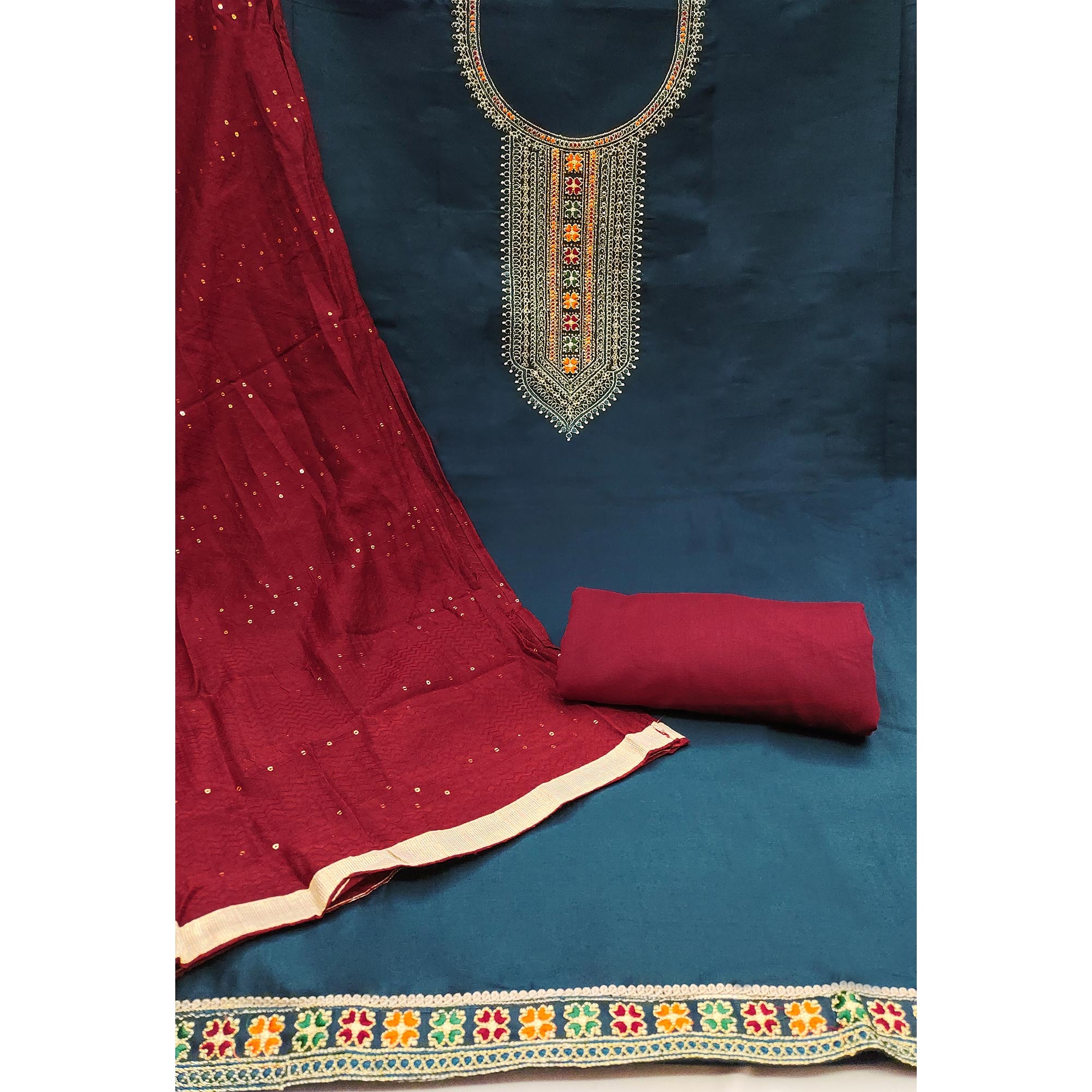 Blue Embroidered Cotton Silk Dress Material