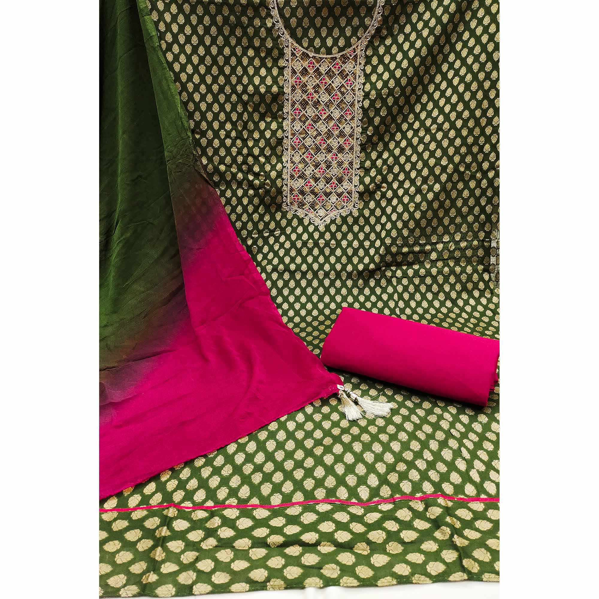 Mehandi Green Butti Design Woven Jacquard Dress Material