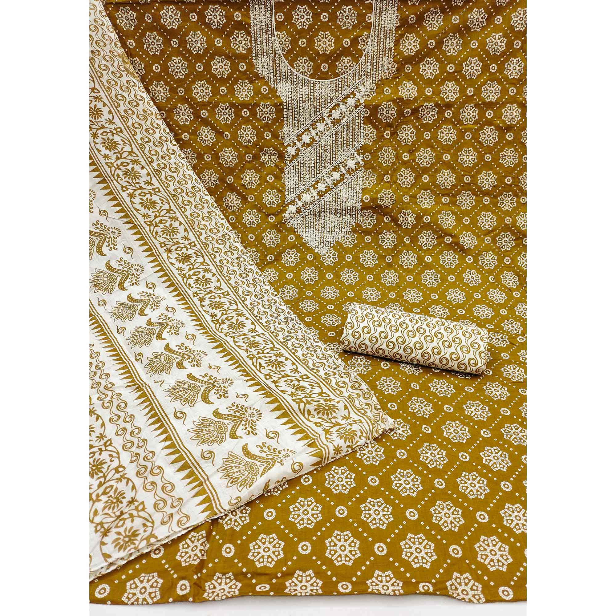 Mustard Printed With Embroidered Pure Cotton Dress Material