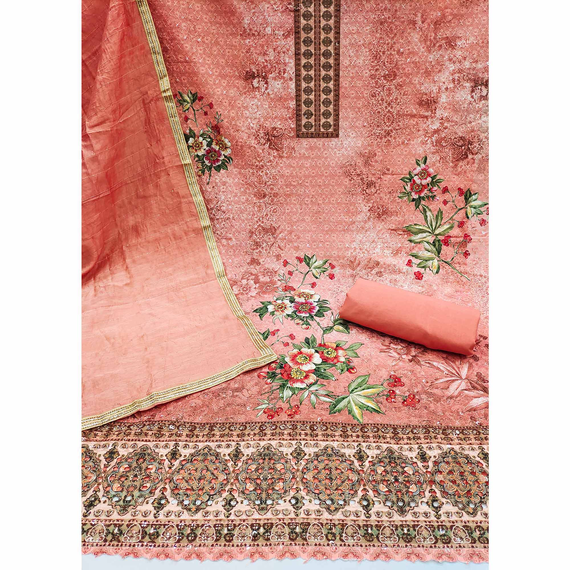 Peach Chikankari With Printed Pure Cotton Dress Material