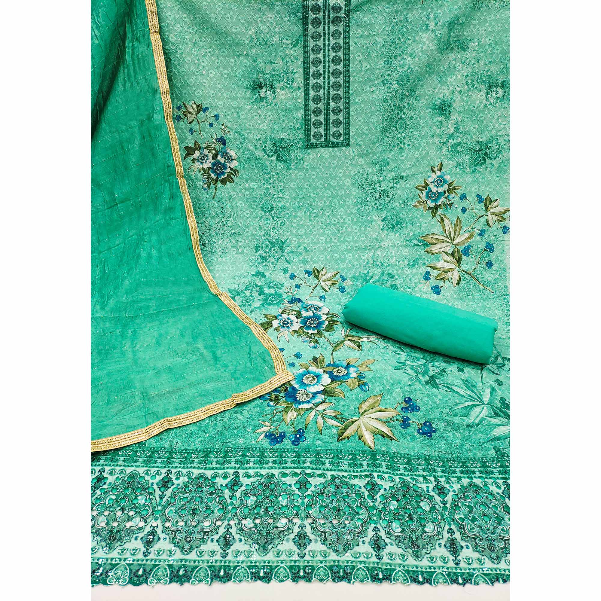 Turquoise Chikankari With Printed Pure Cotton Dress Material