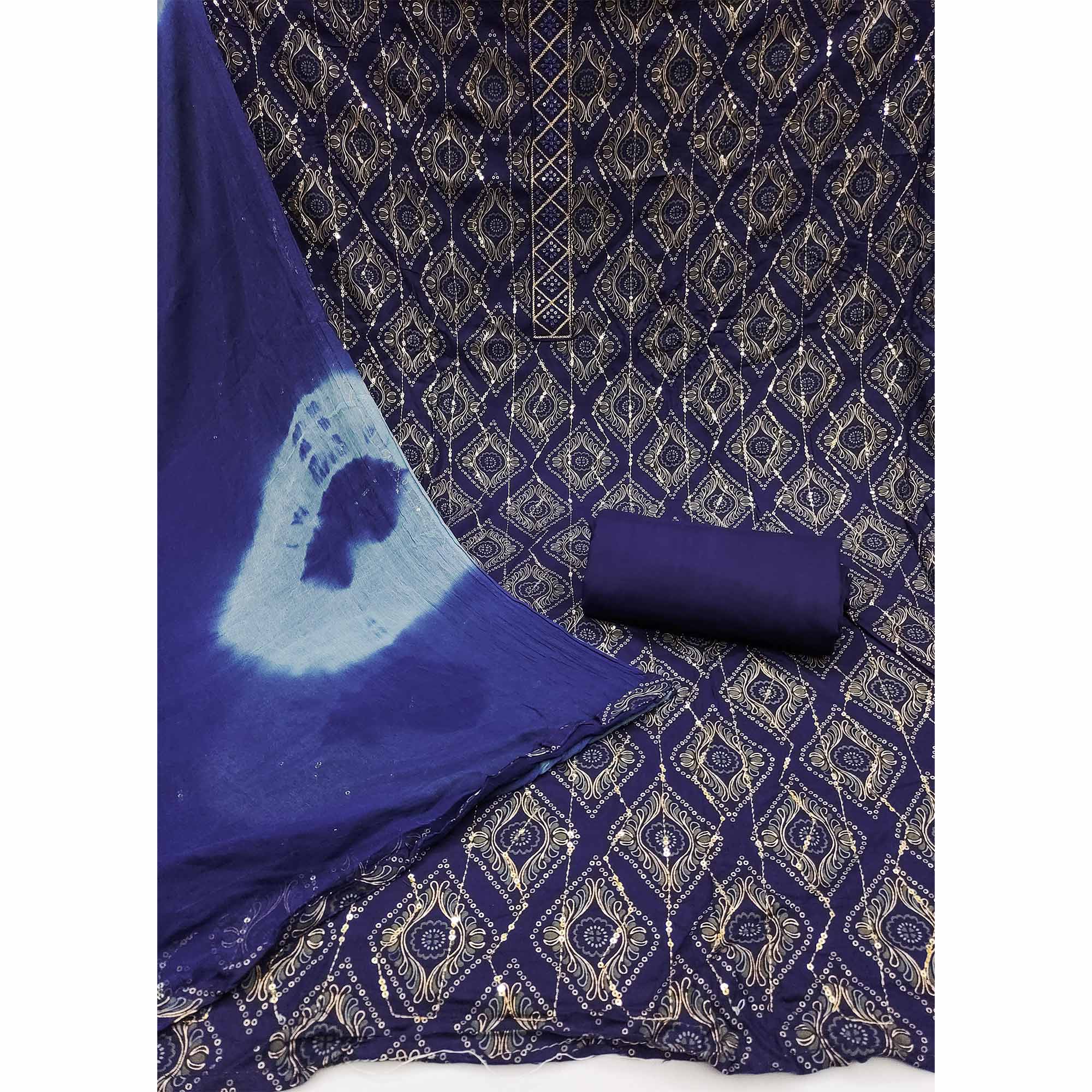 Blue Printed With Sequins Work Pure Cotton Dress Material
