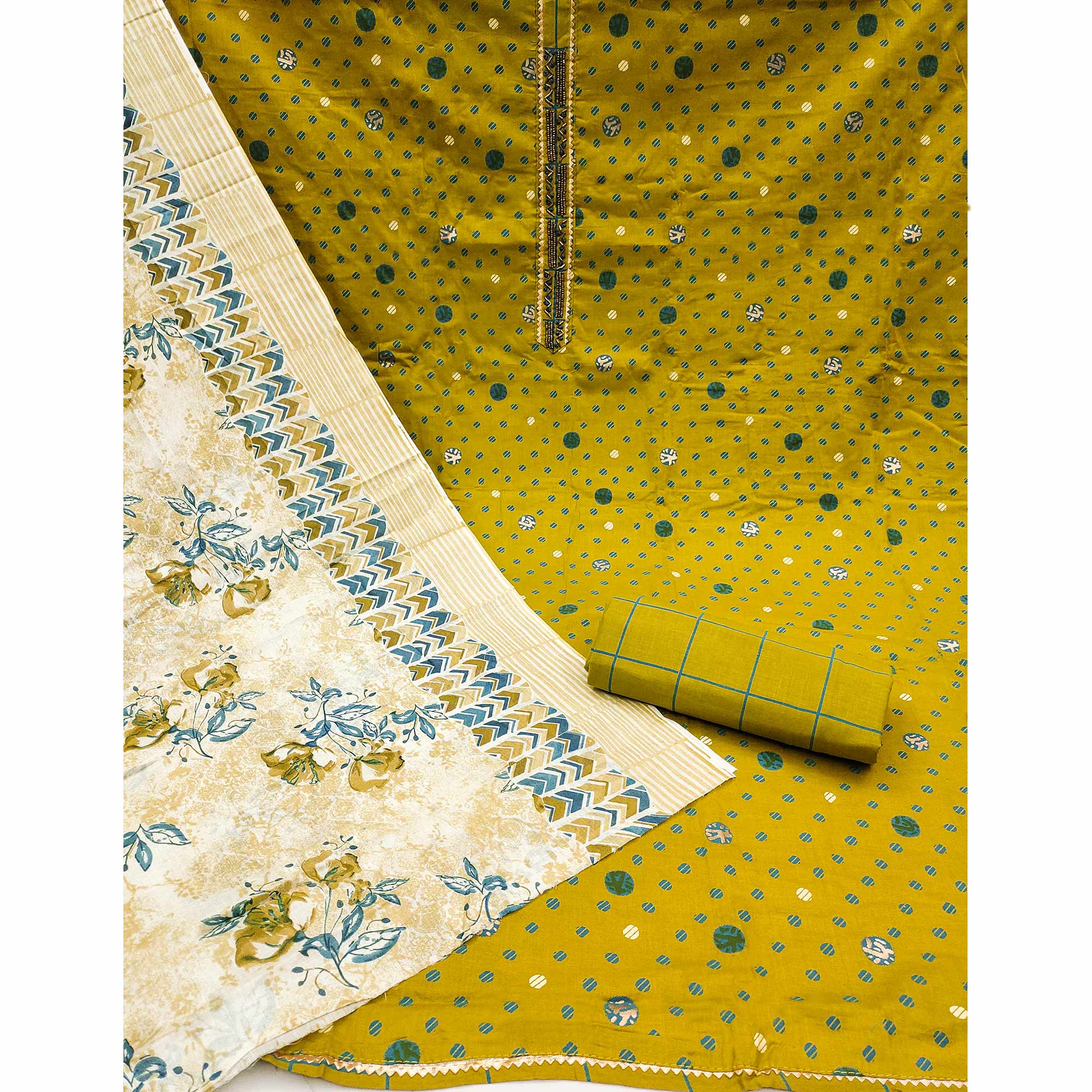 Lemon Green Printed Pure Cotton Dress Material