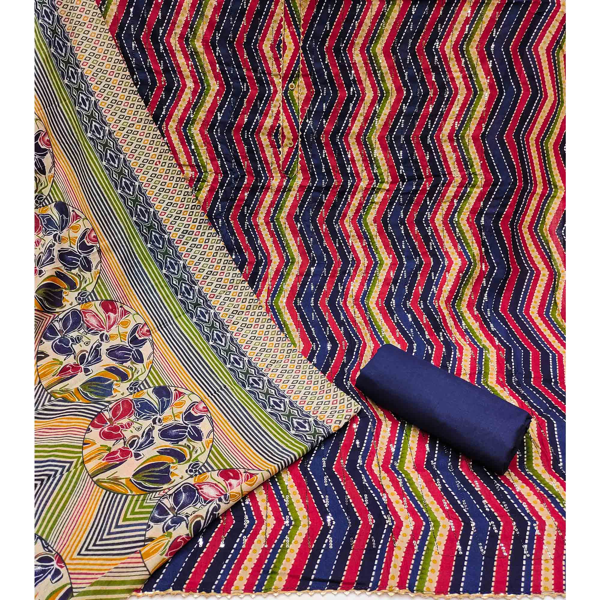 Navy Blue Printed With Sequins Work Pure Cotton Dress Material