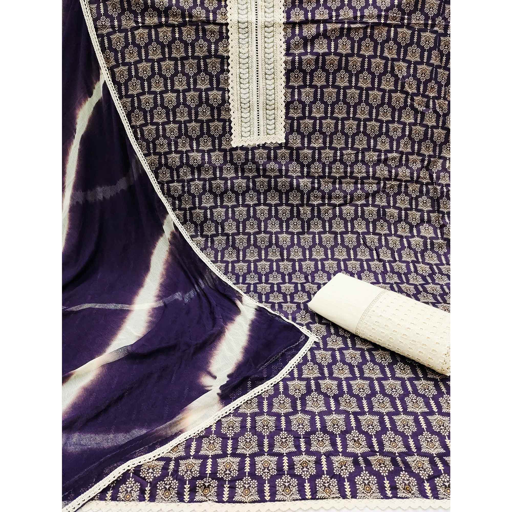 Navy Blue Floral Printed Pure Cotton Dress Material