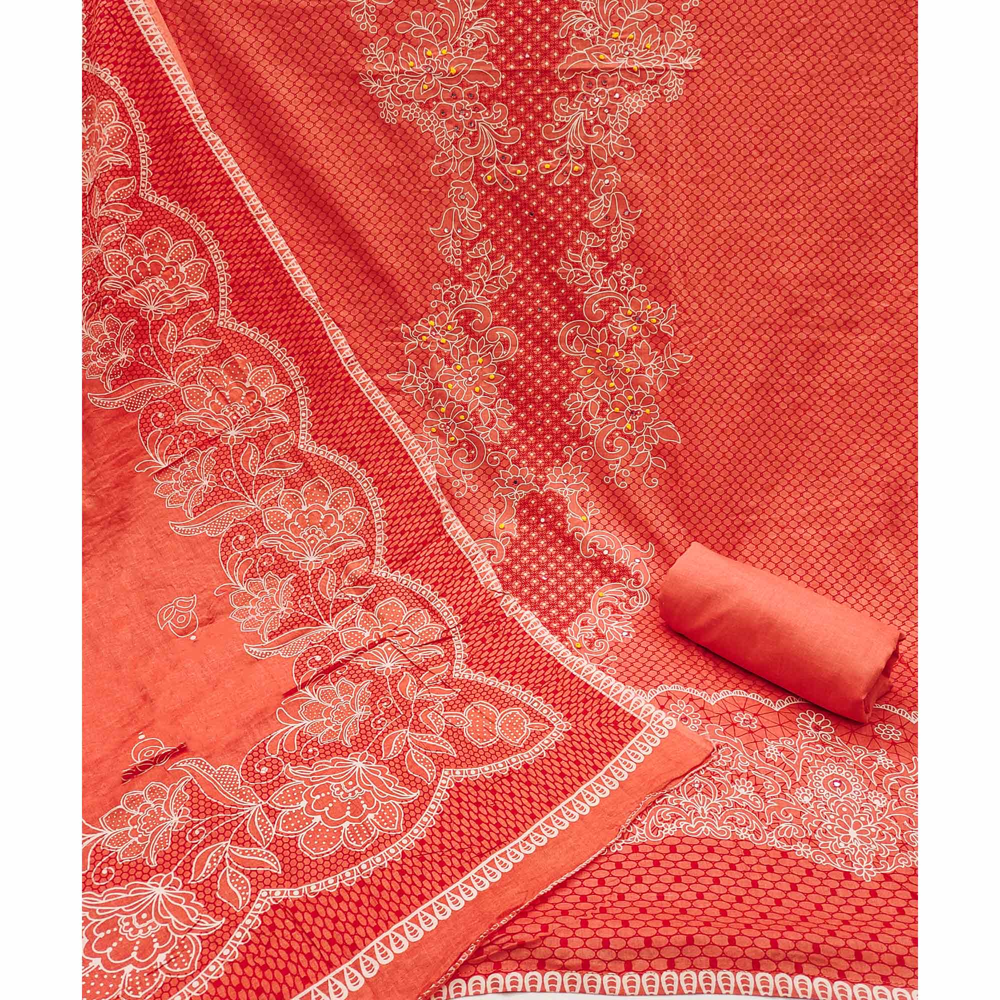 Peach Floral Printed Pure Cotton Dress Material