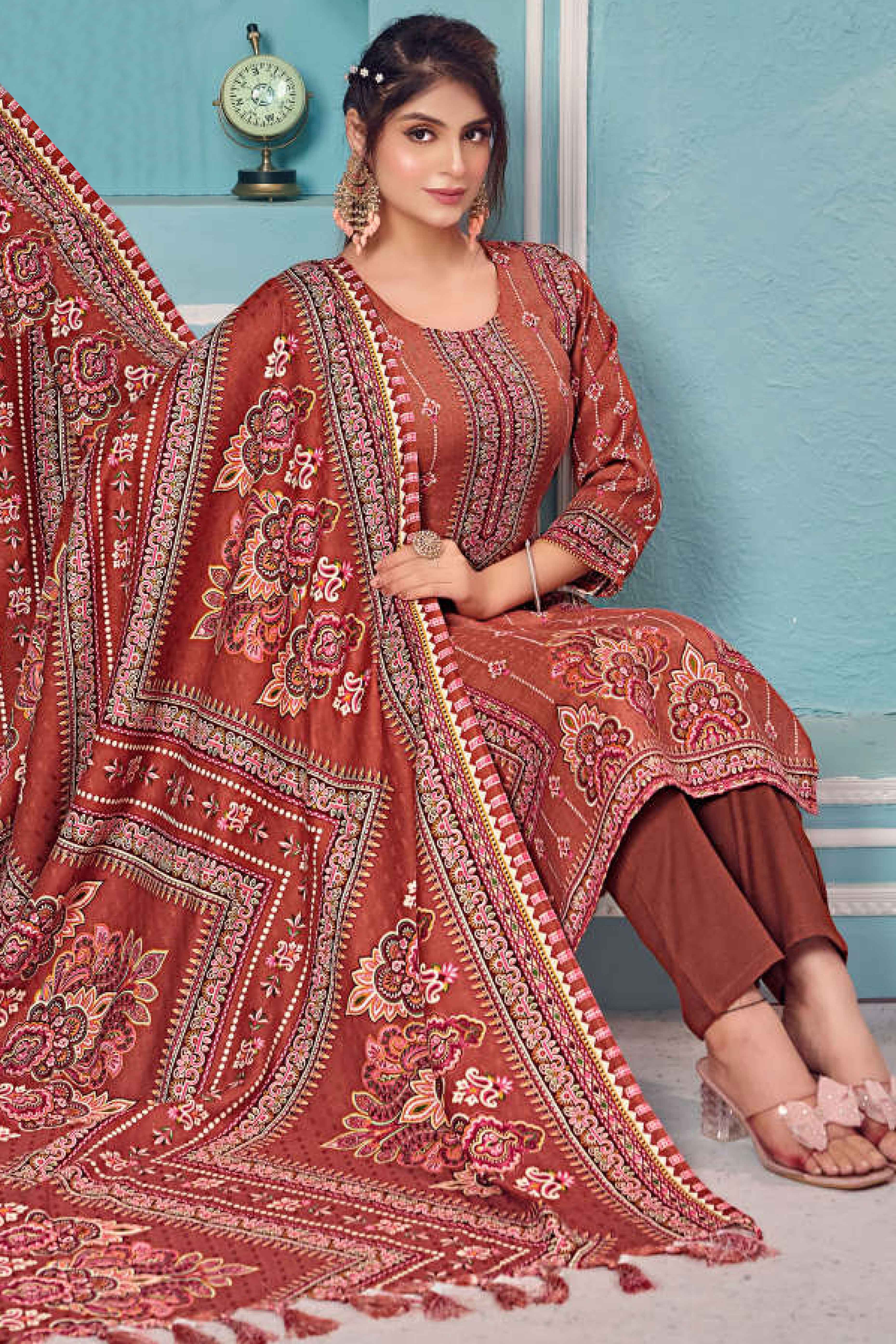 Rust Floral Print Pashmina Fabric Set Designed for Warm and Stylish Ethnic Wear