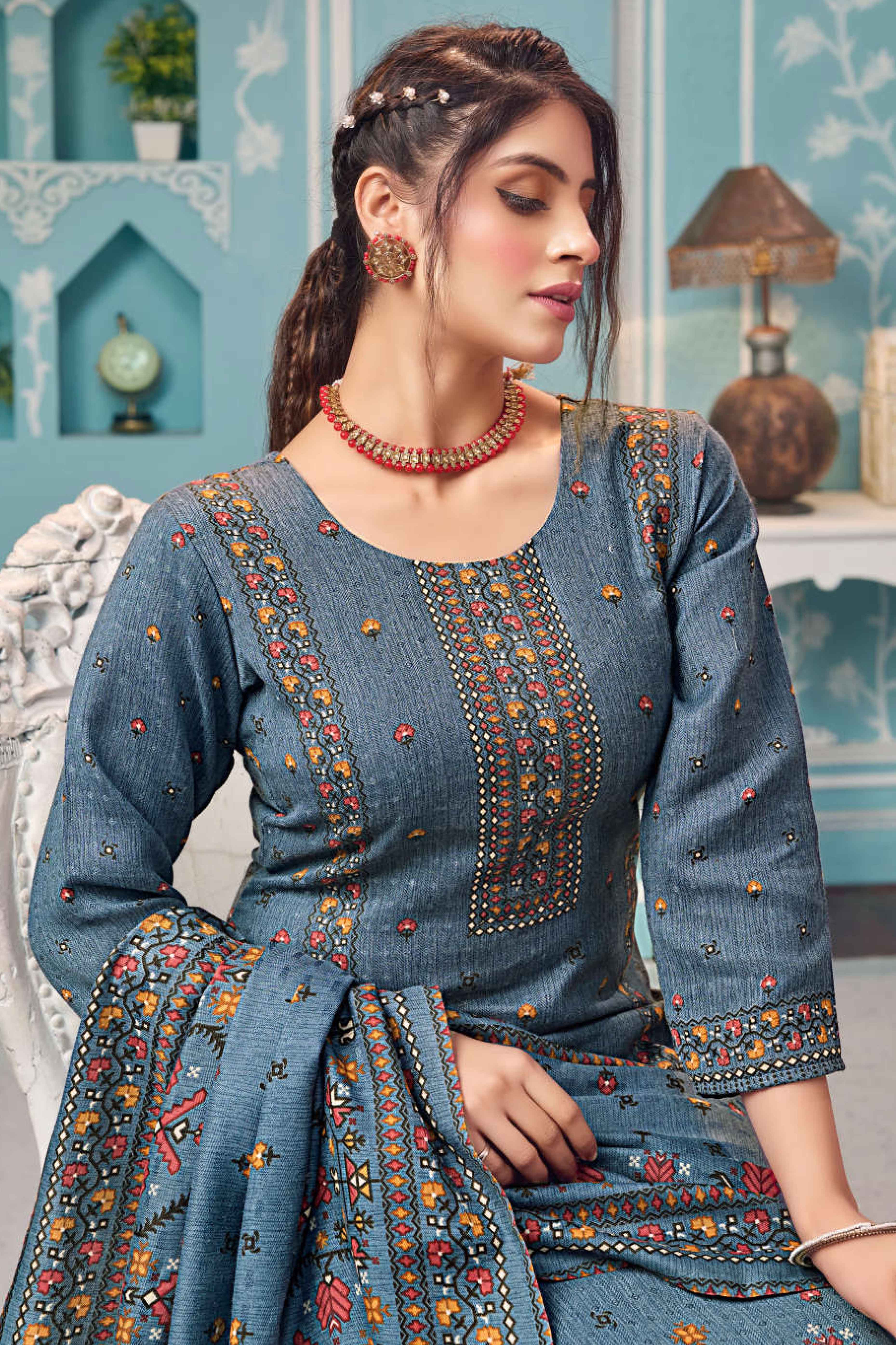 Blue Floral Print Pashmina Fabric Set Designed for Warm and Stylish Ethnic Wear