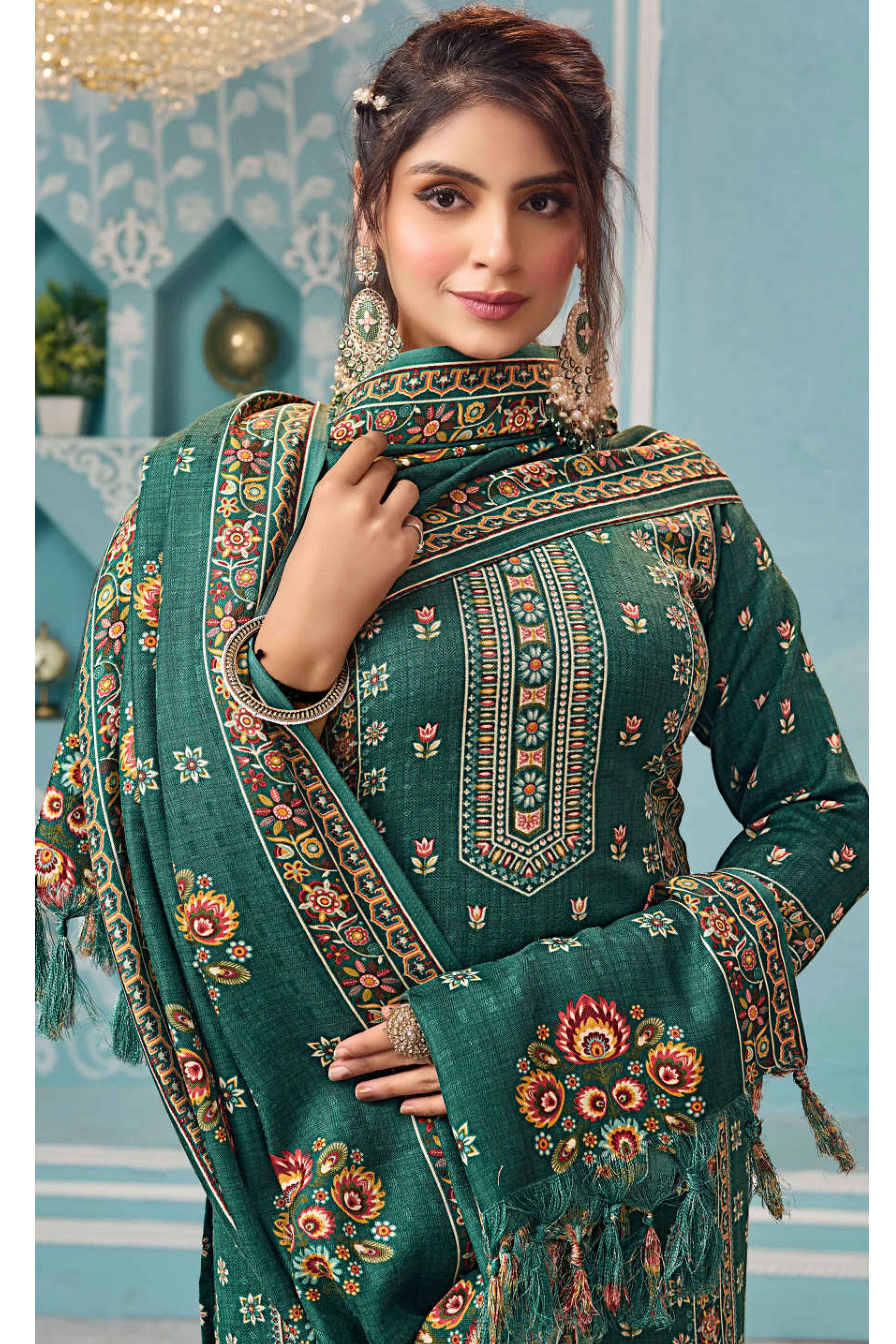 Green Floral Print Pashmina Fabric Set Designed for Warm and Stylish Ethnic Wear