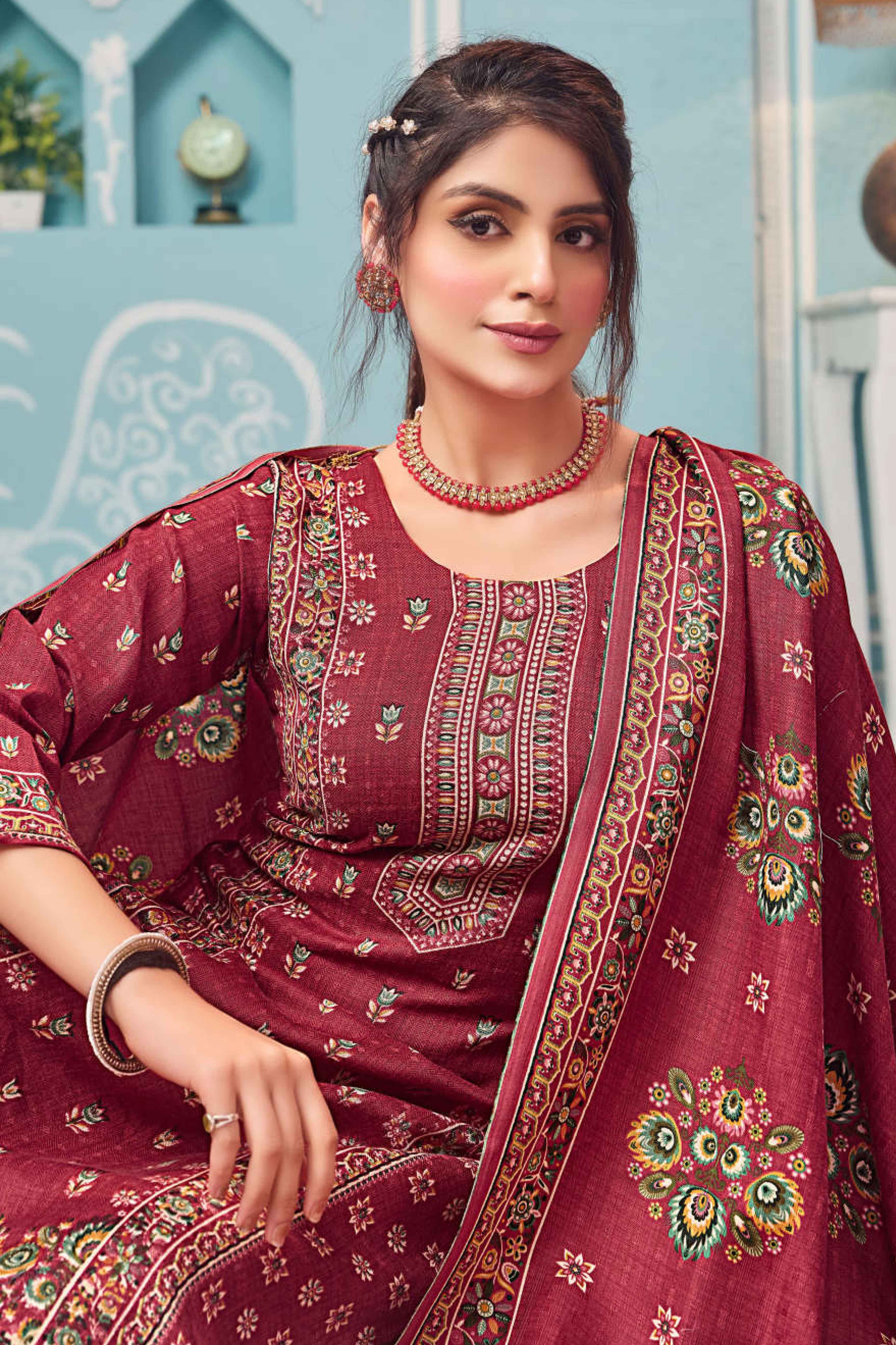 Maroon Floral Print Pashmina Fabric Set Designed for Warm and Stylish Ethnic Wear